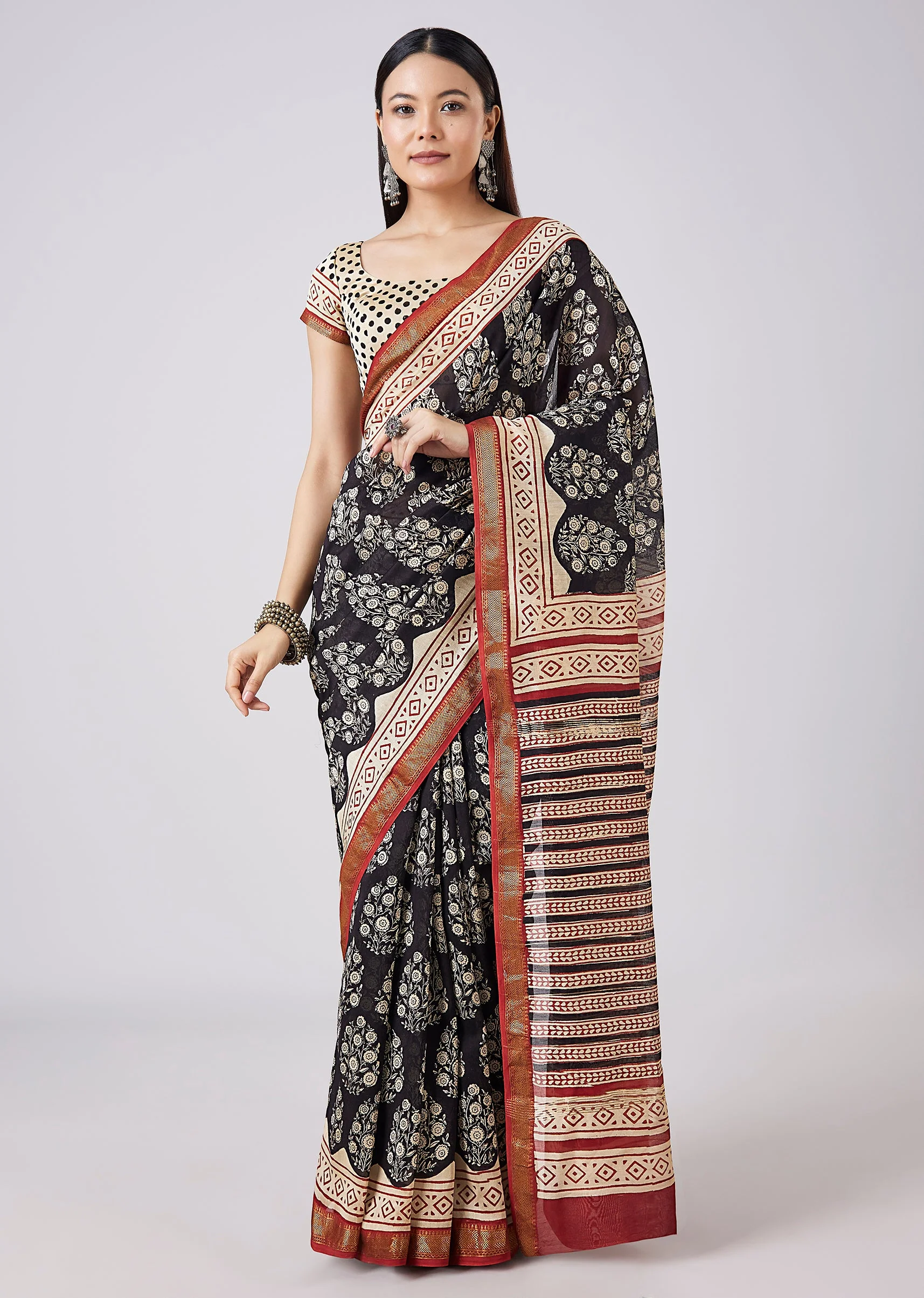 Brown Hand Painted Floral Motif Saree with Blouse - Image 3