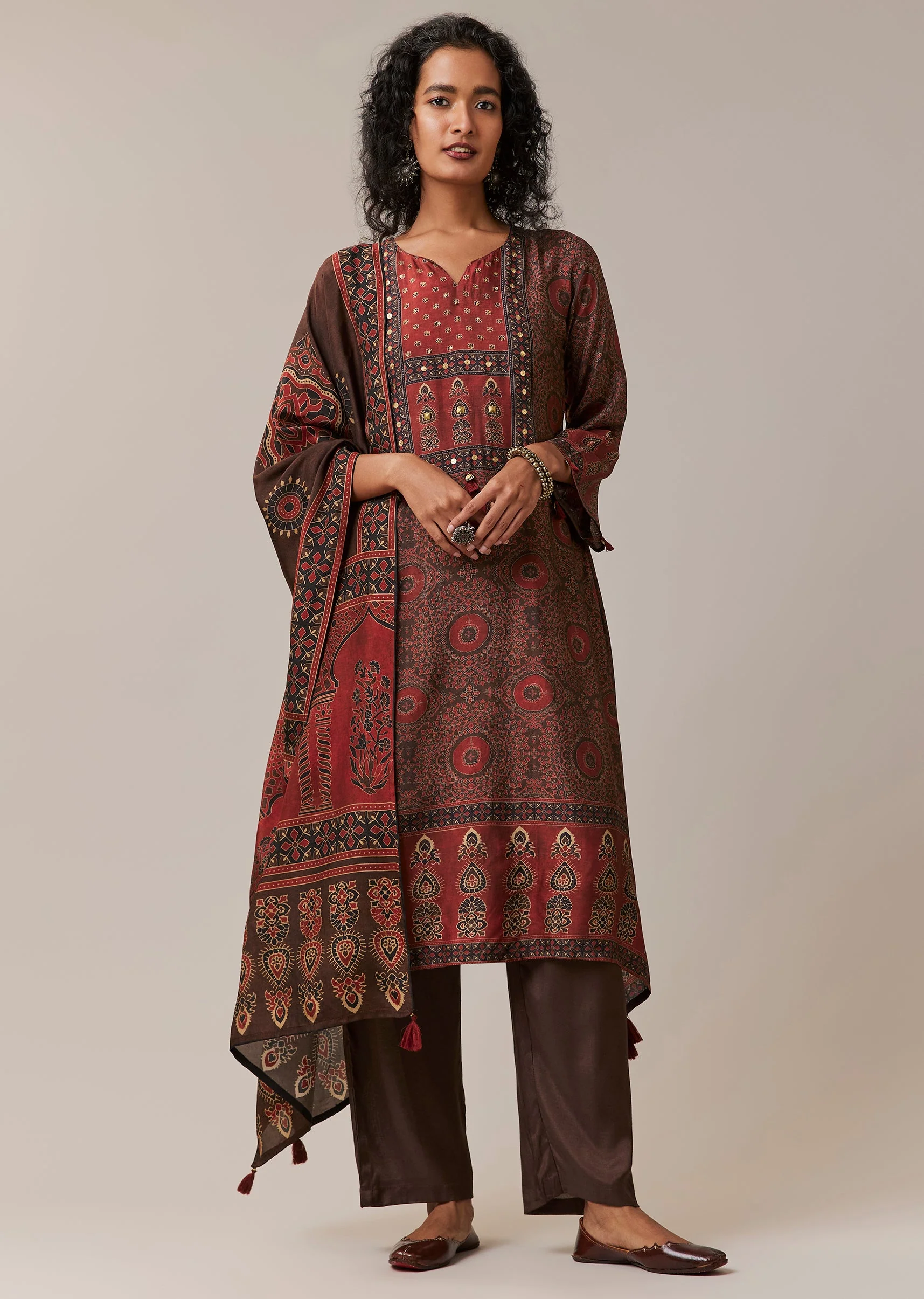 Brown Indie Print Silk Kurta Set - Image 3