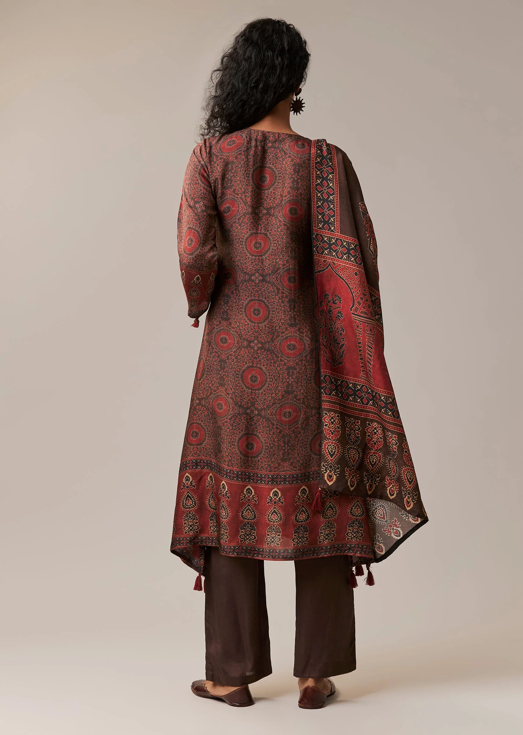 Brown Indie Print Silk Kurta Set - Image 5