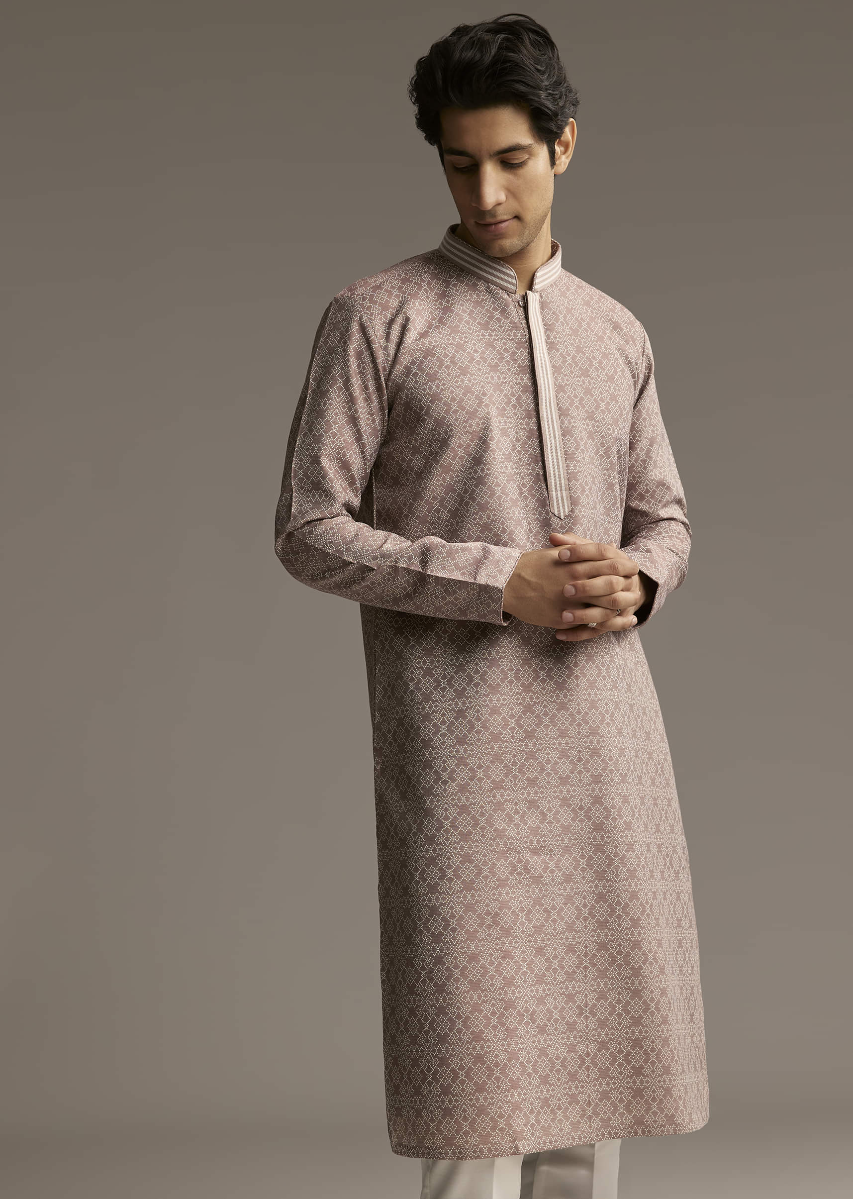 Brown Jacquard Kurta Set For Men - Image 4