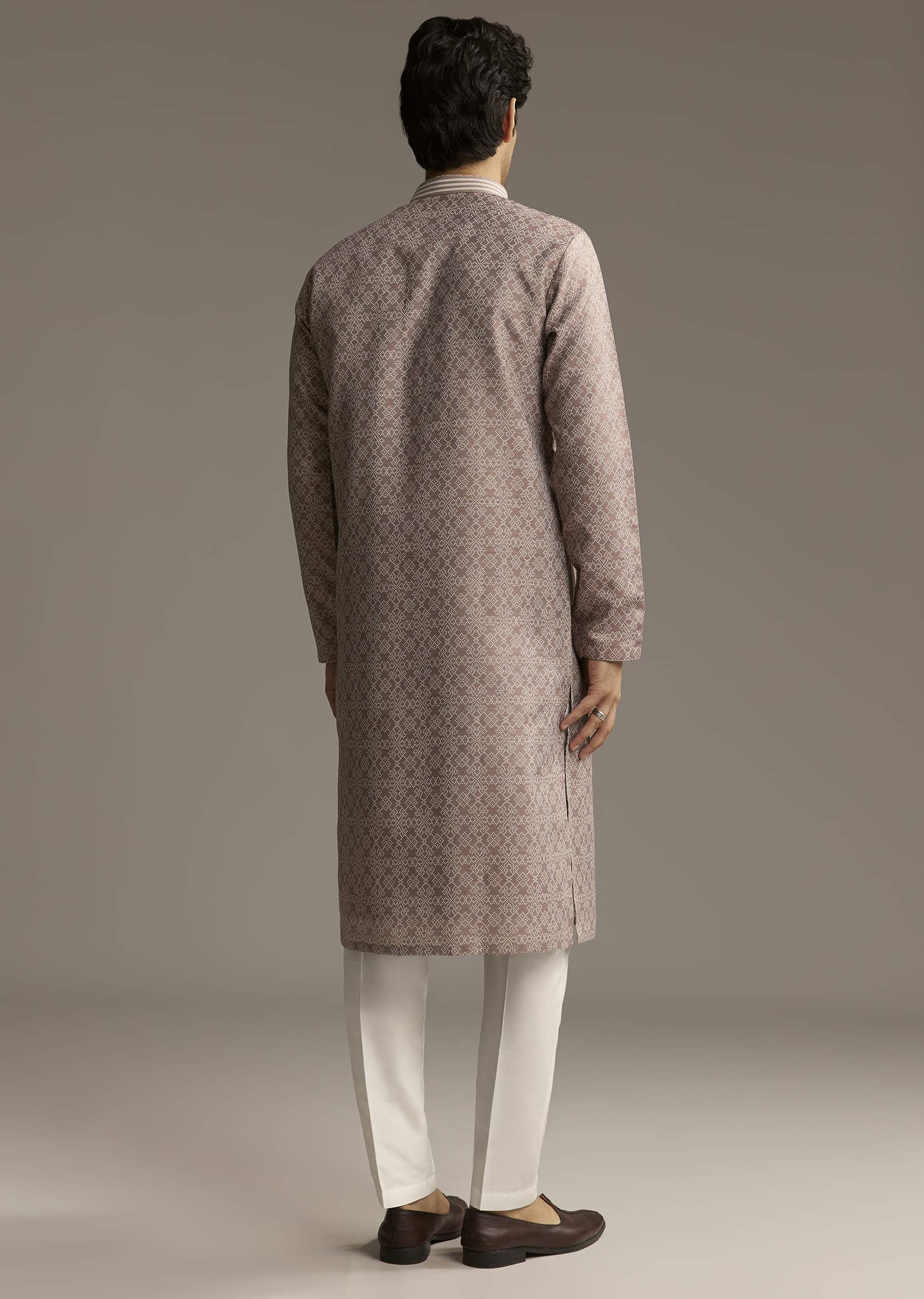 Brown Jacquard Kurta Set For Men - Image 5