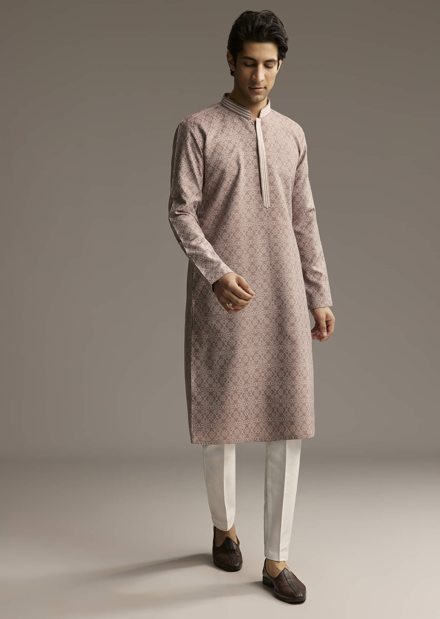 Brown Jacquard Kurta Set For Men - Image 7