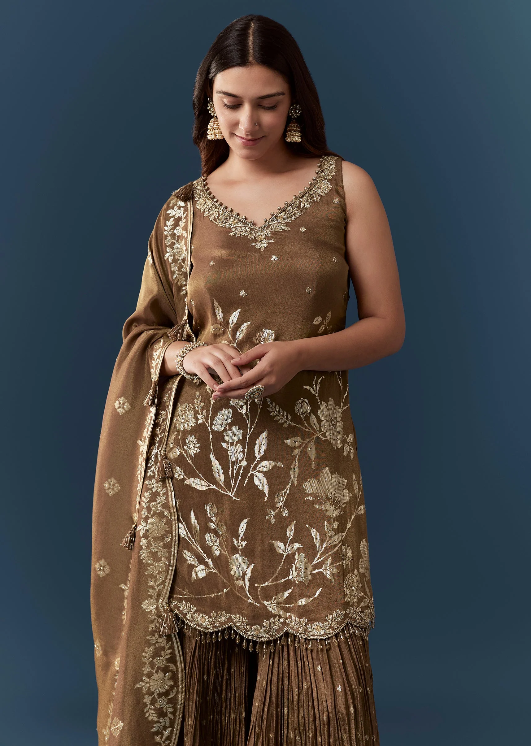 Brown Jacquard Weave Kurta Sharara Set - Image 2