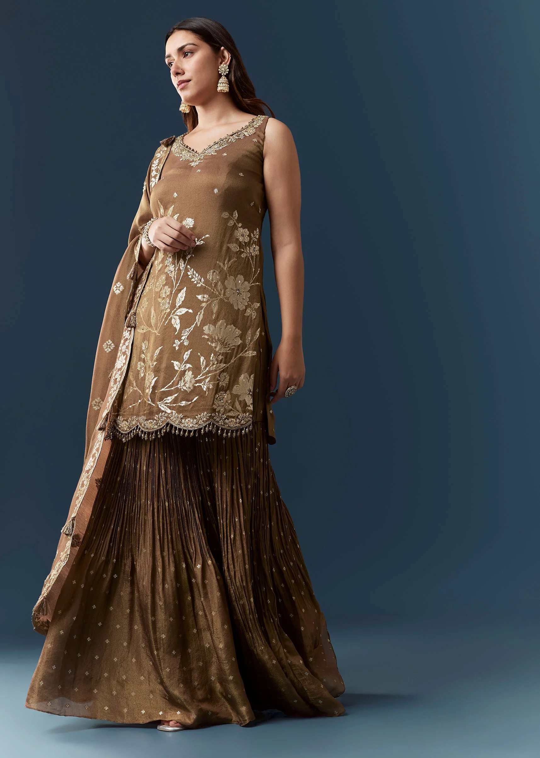 Brown Jacquard Weave Kurta Sharara Set - Image 3