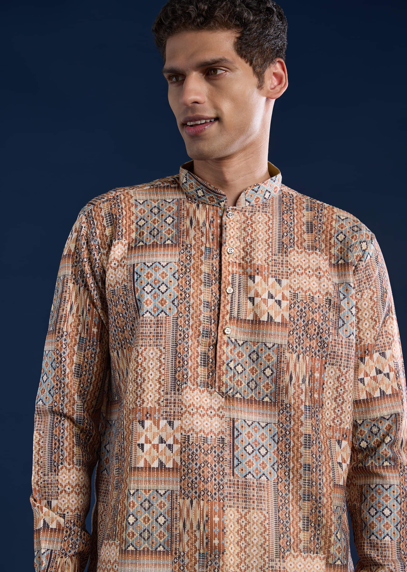 Brown Kantha Work Printed Mens Kurta and Pant Set - Image 2
