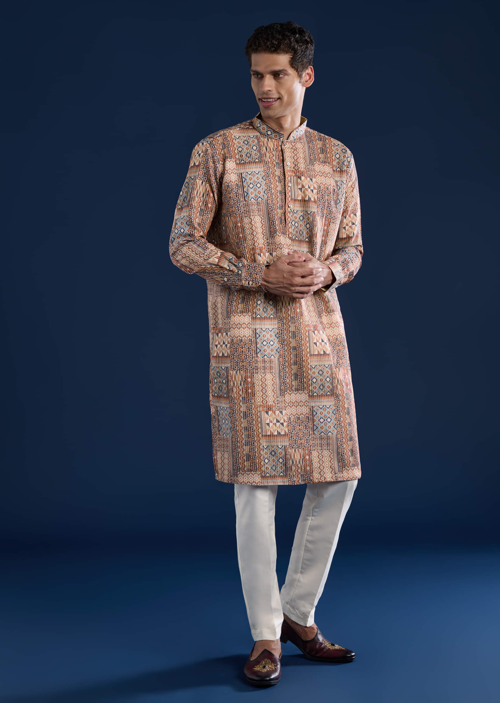 Brown Kantha Work Printed Mens Kurta and Pant Set - Image 3