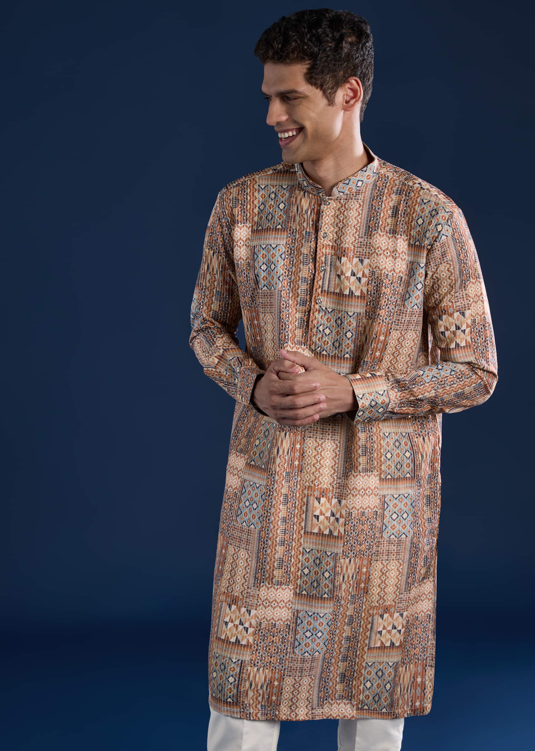 Brown Kantha Work Printed Mens Kurta and Pant Set - Image 4