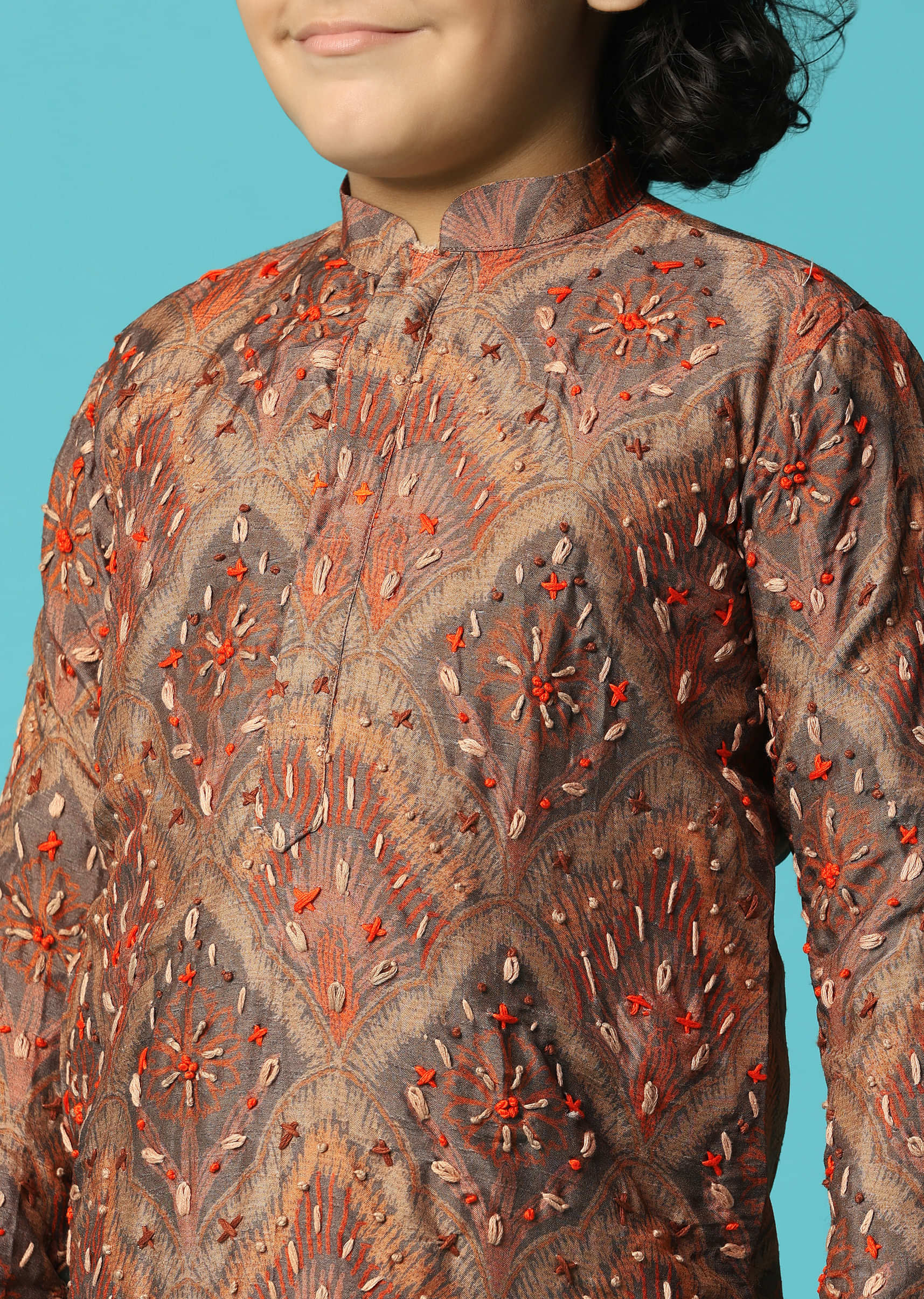 Brown Kurta Pant With Resham Work For Boys - Image 3