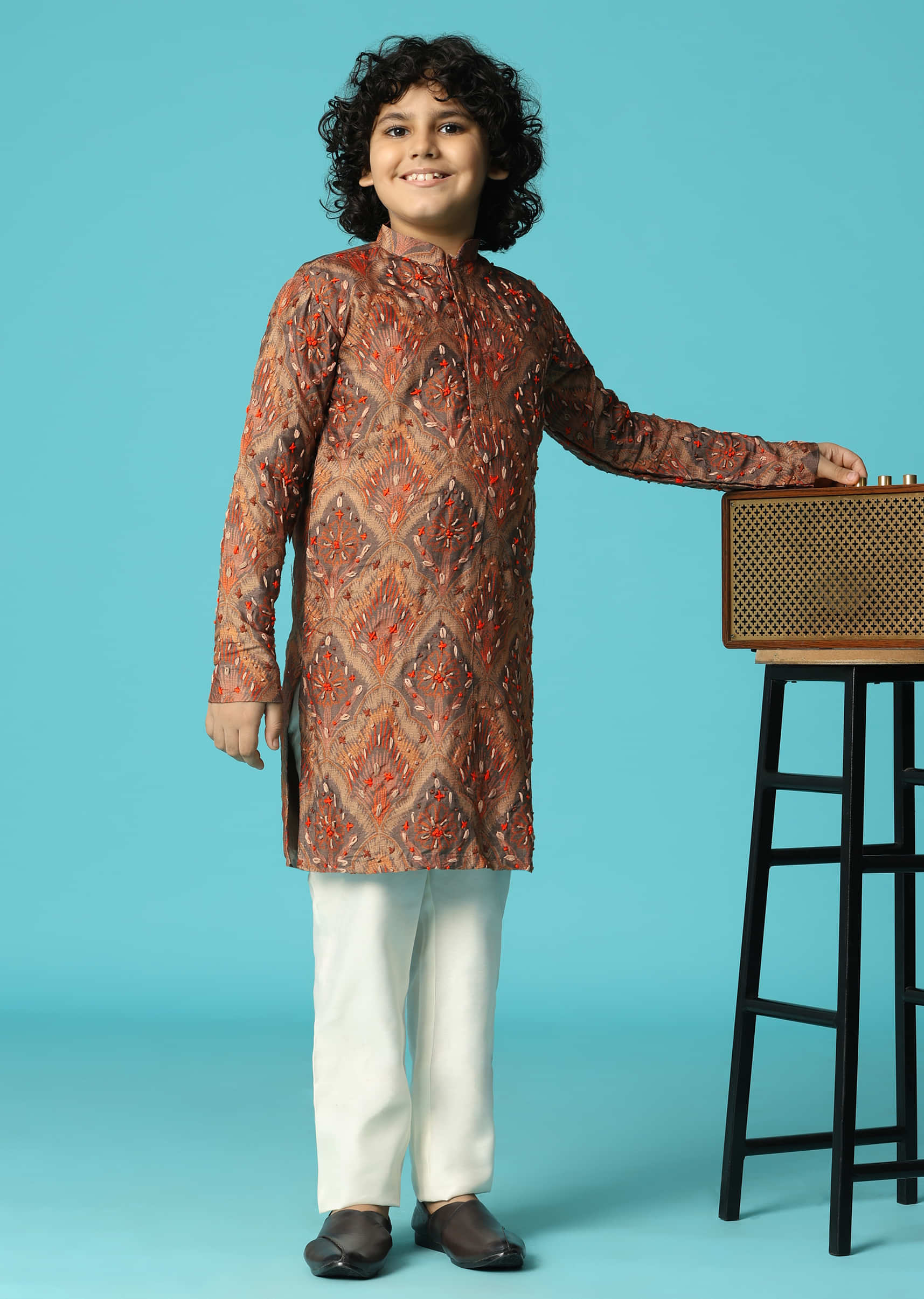 Brown Kurta Pant With Resham Work For Boys - Image 4