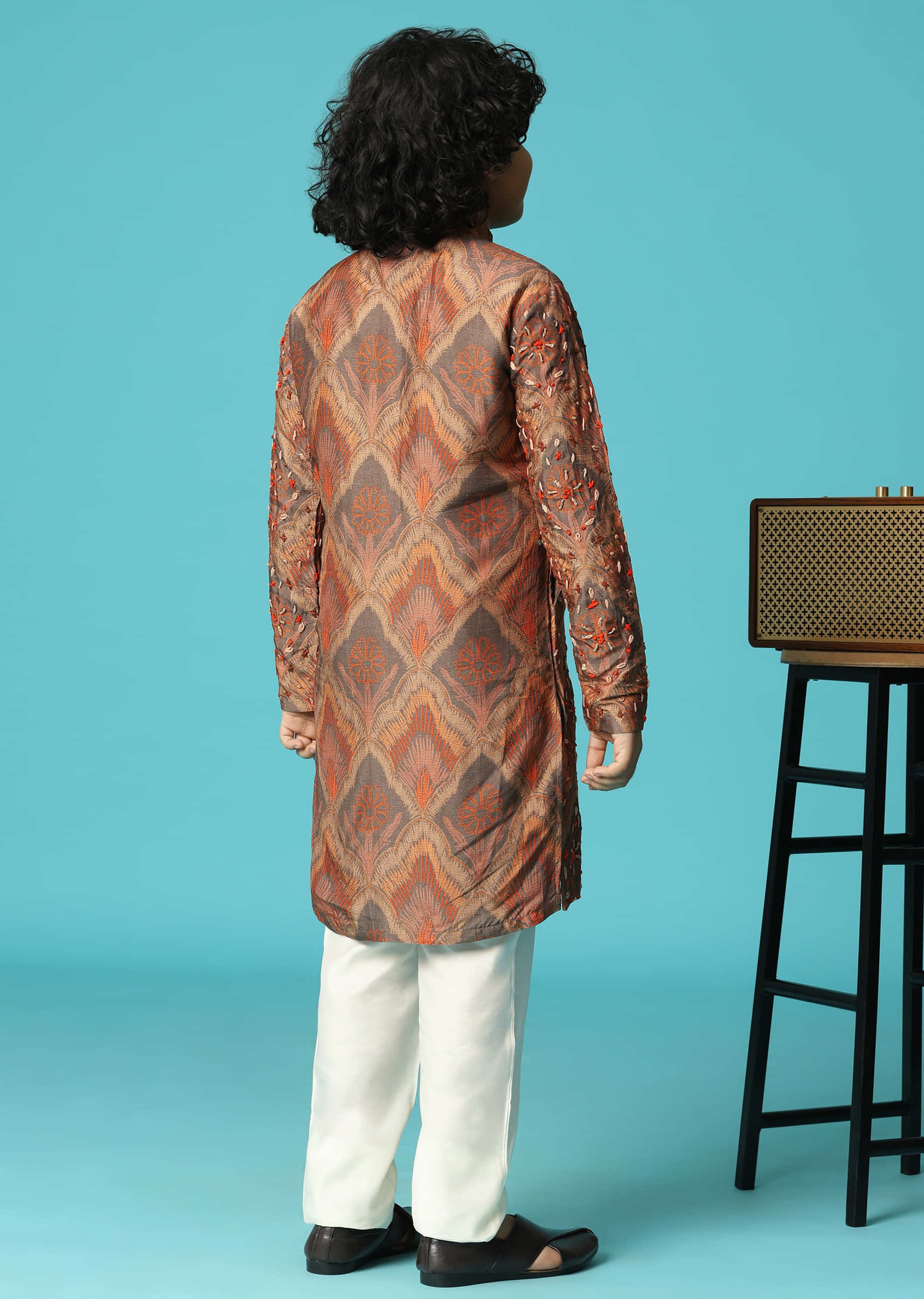 Brown Kurta Pant With Resham Work For Boys - Image 5