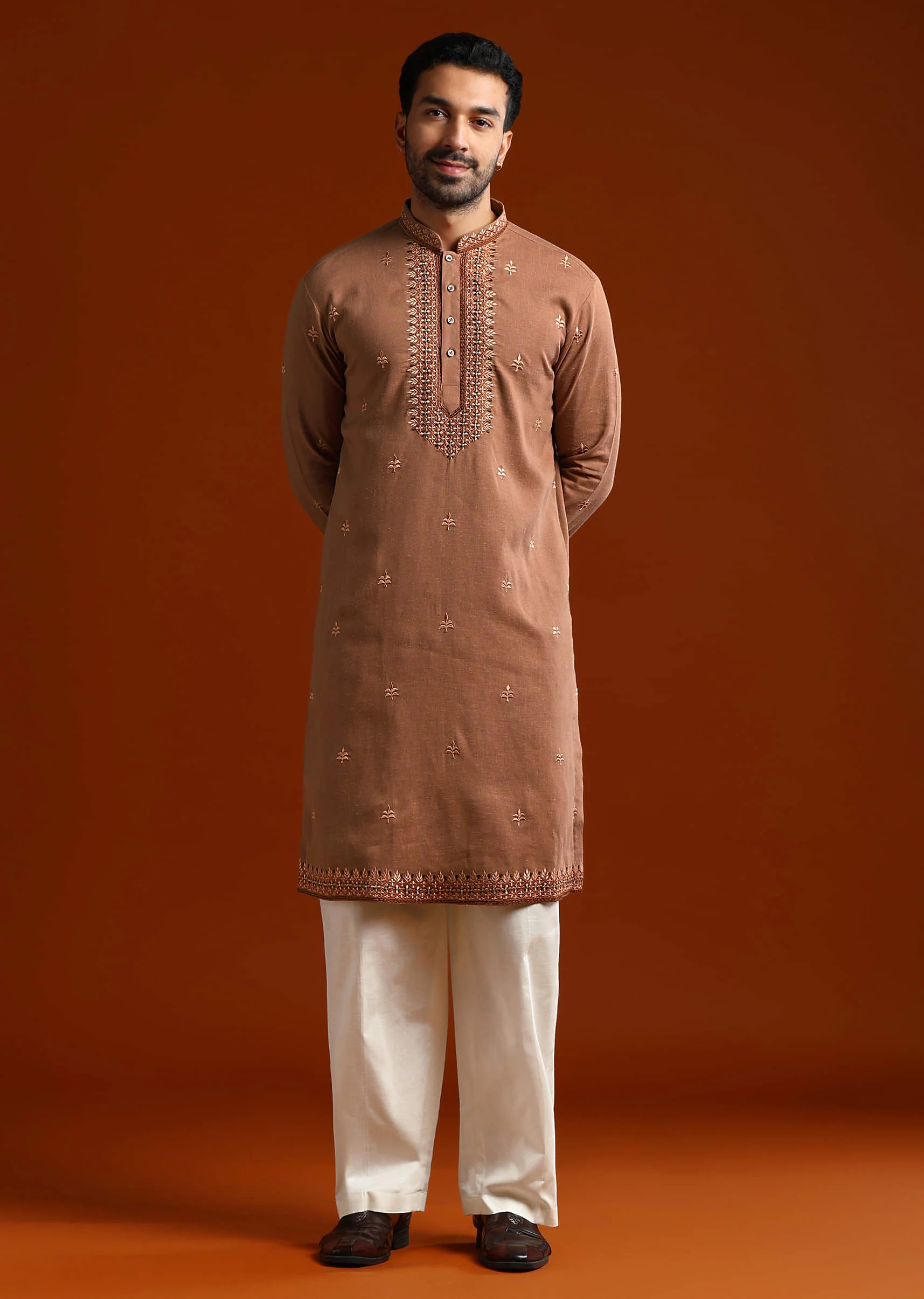 Brown Kurta Set For Men With Thread Work - Image 3