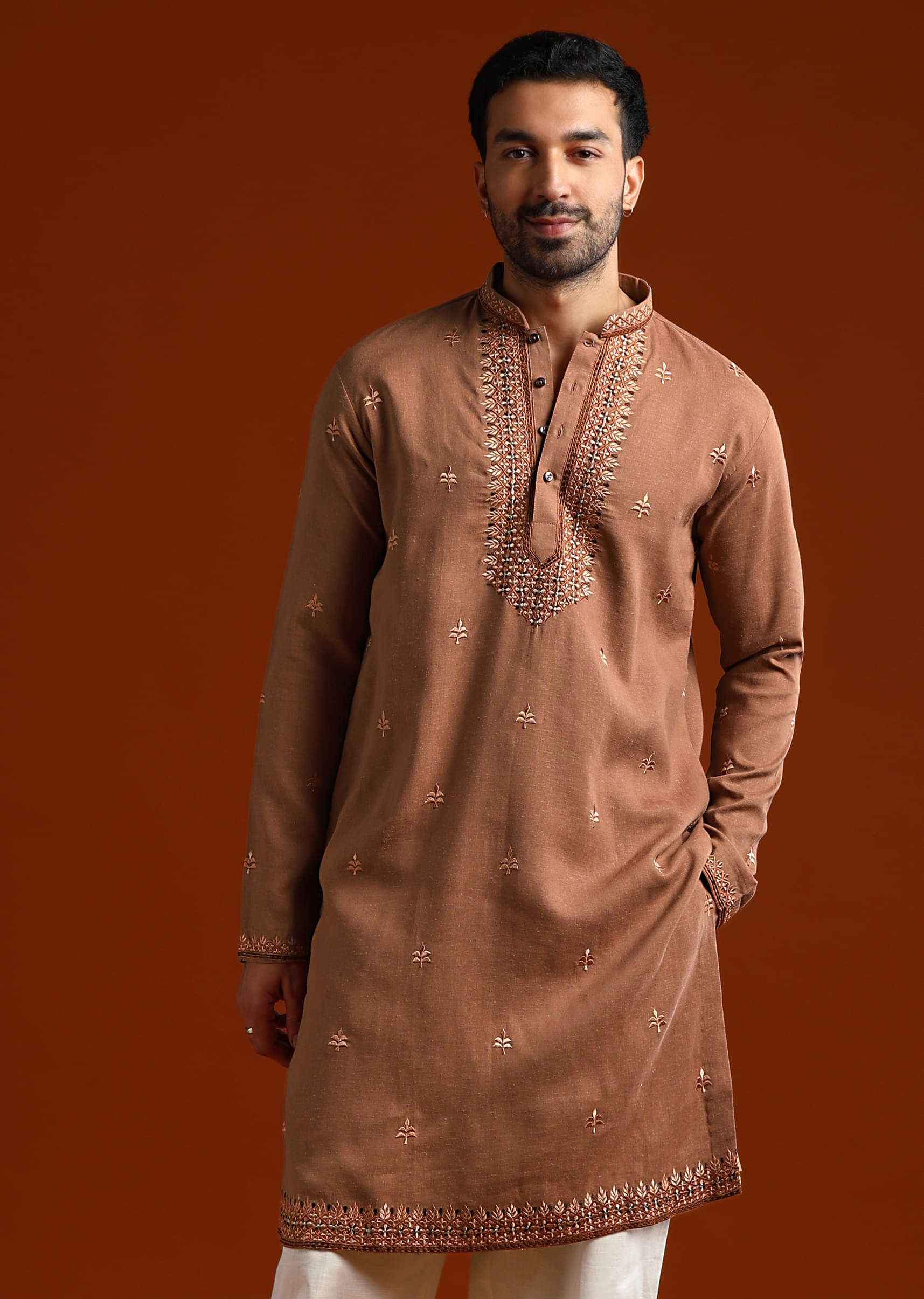 Brown Kurta Set For Men With Thread Work - Image 4