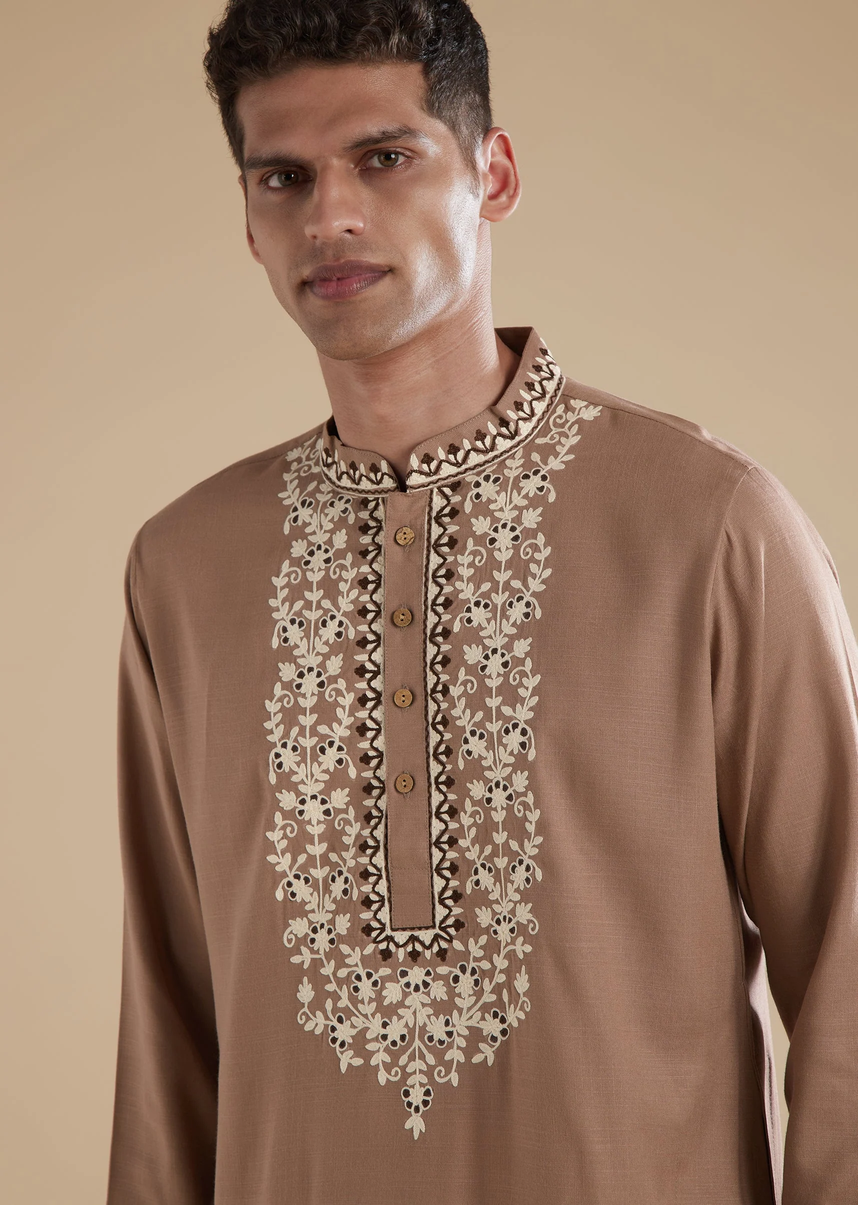 Brown Kurta Set With Thread Detail Work - Image 2