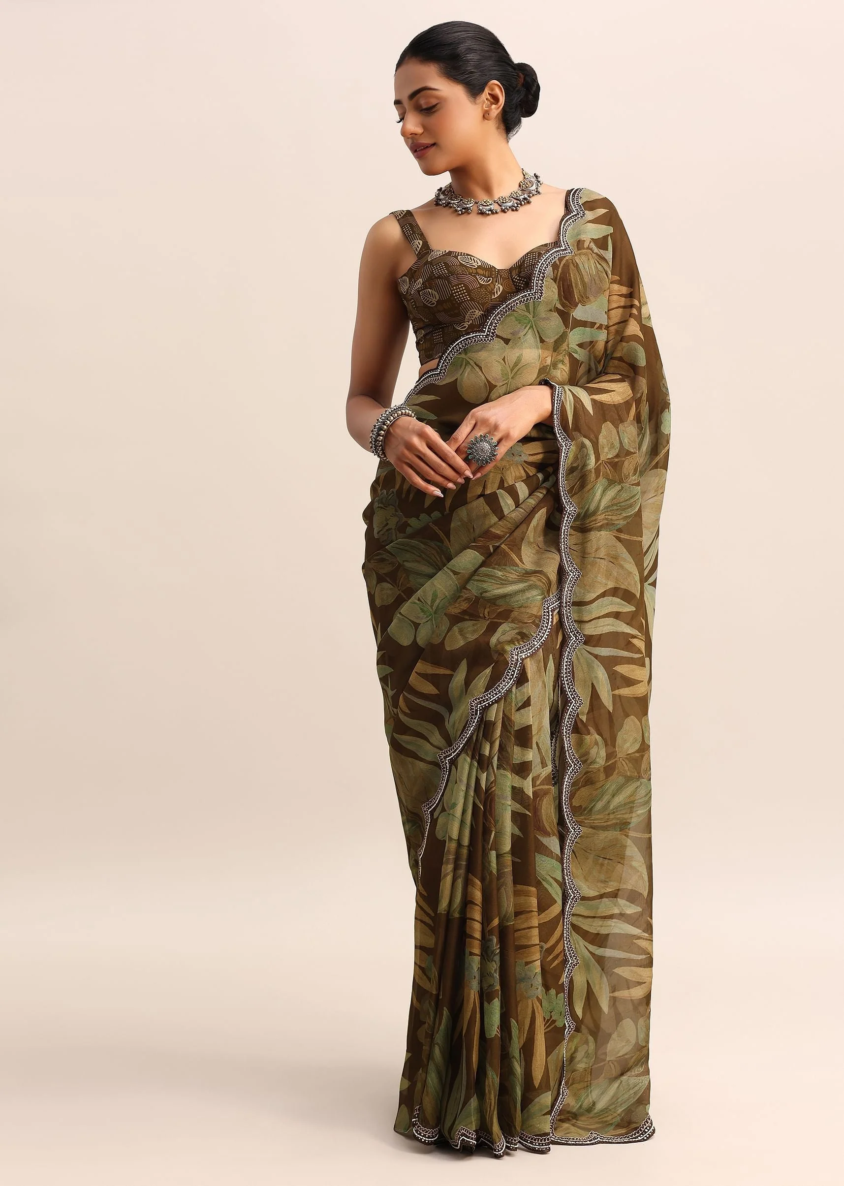 Brown Leaf Printed Soft Organza Saree With Embroidered Border - Image 3
