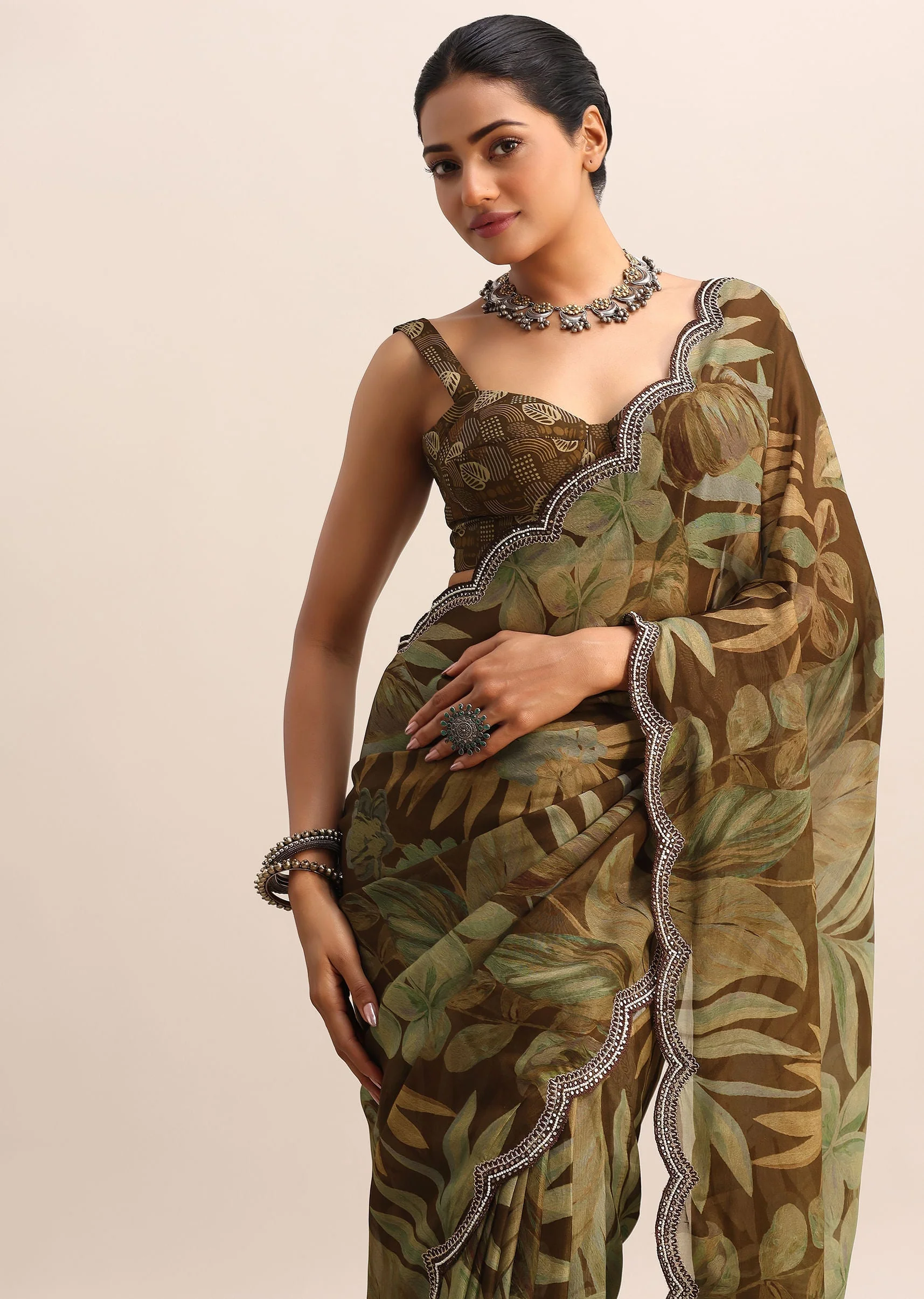 Brown Leaf Printed Soft Organza Saree With Embroidered Border - Image 5
