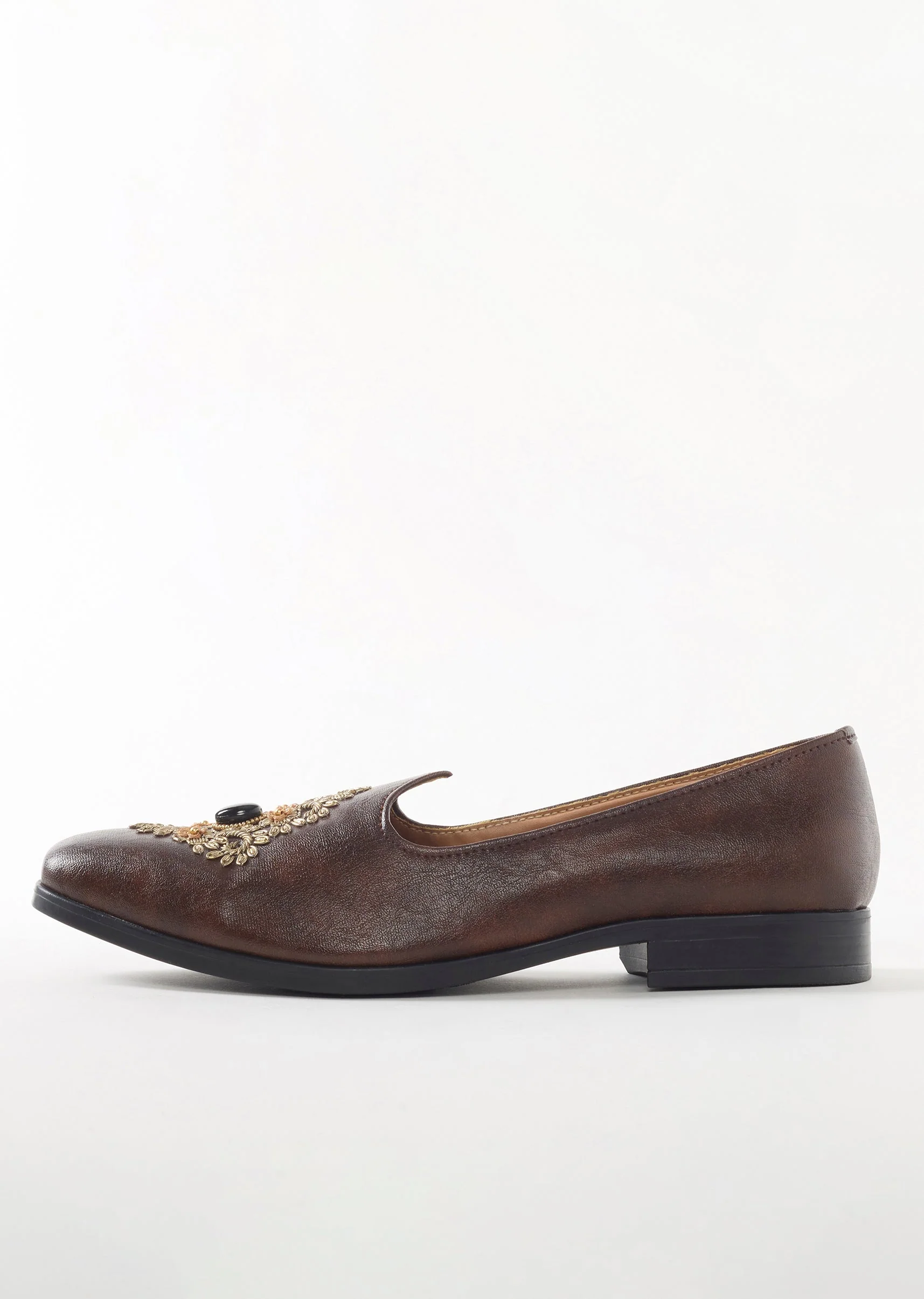Brown Leather Ethnic Jutti With Floral Embroidery And Decorative Stone For Men - Image 4