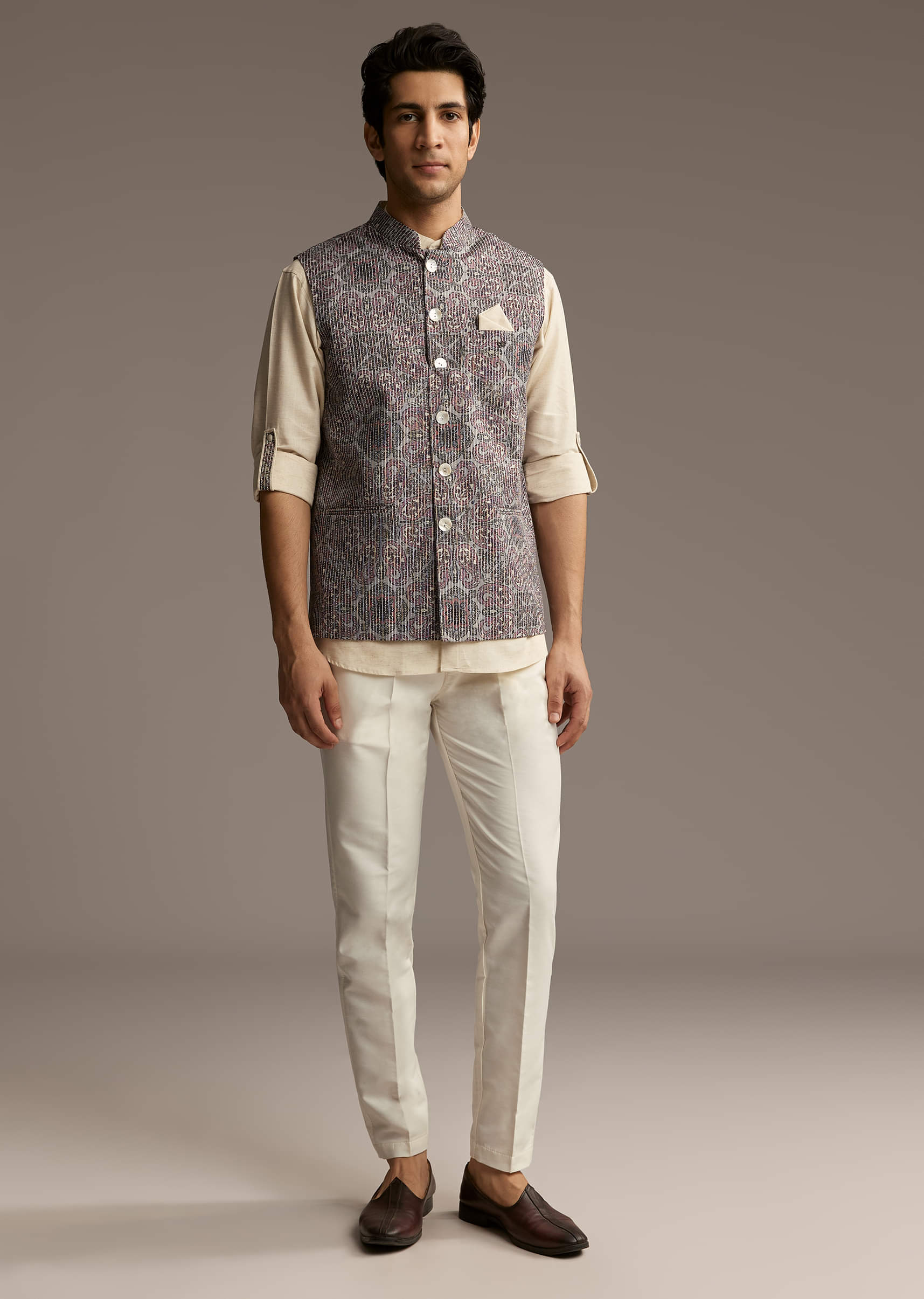 Brown Linen Kurta Jacket Set For Men With Kantha Embroidery - Image 3