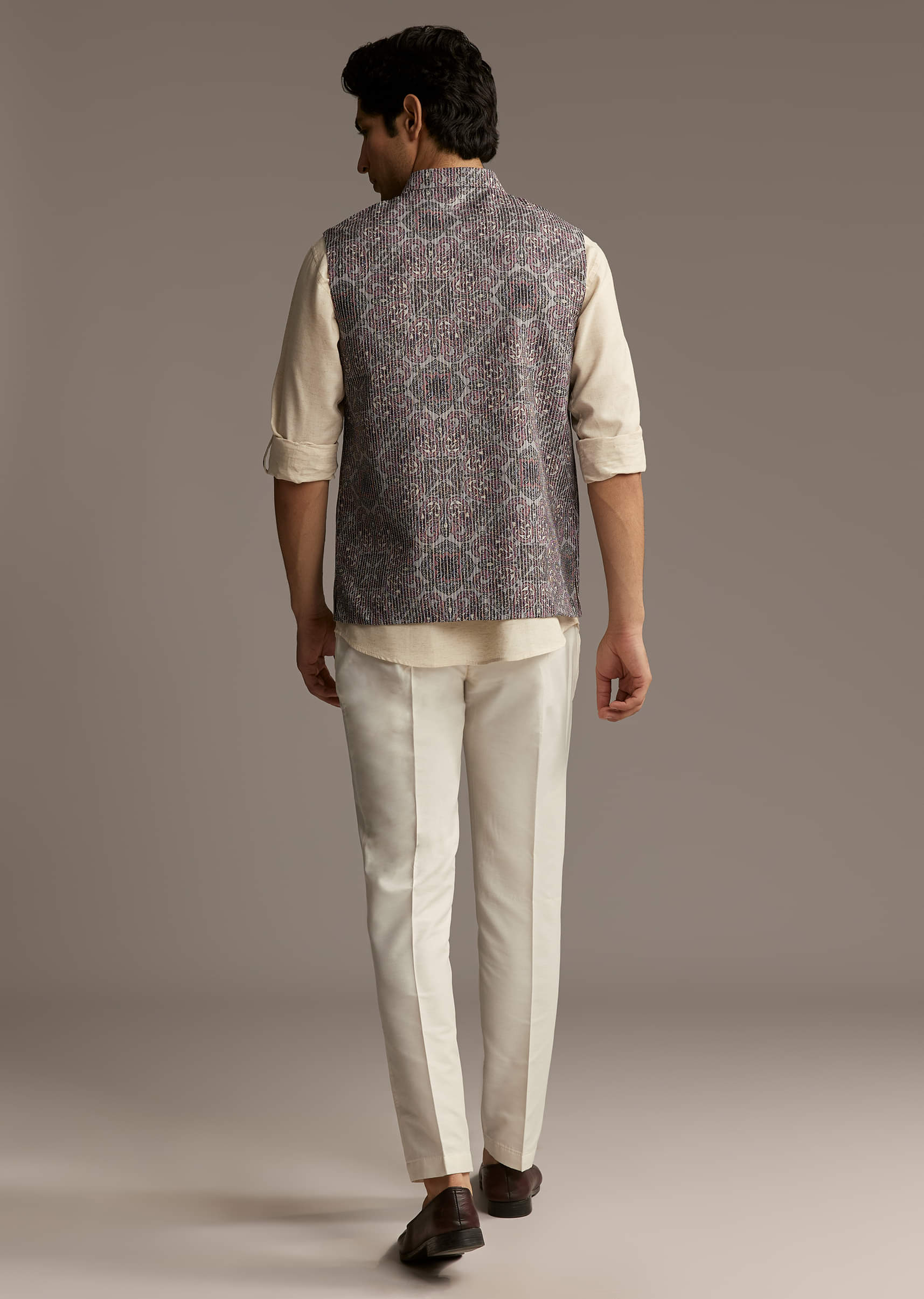 Brown Linen Kurta Jacket Set For Men With Kantha Embroidery - Image 5