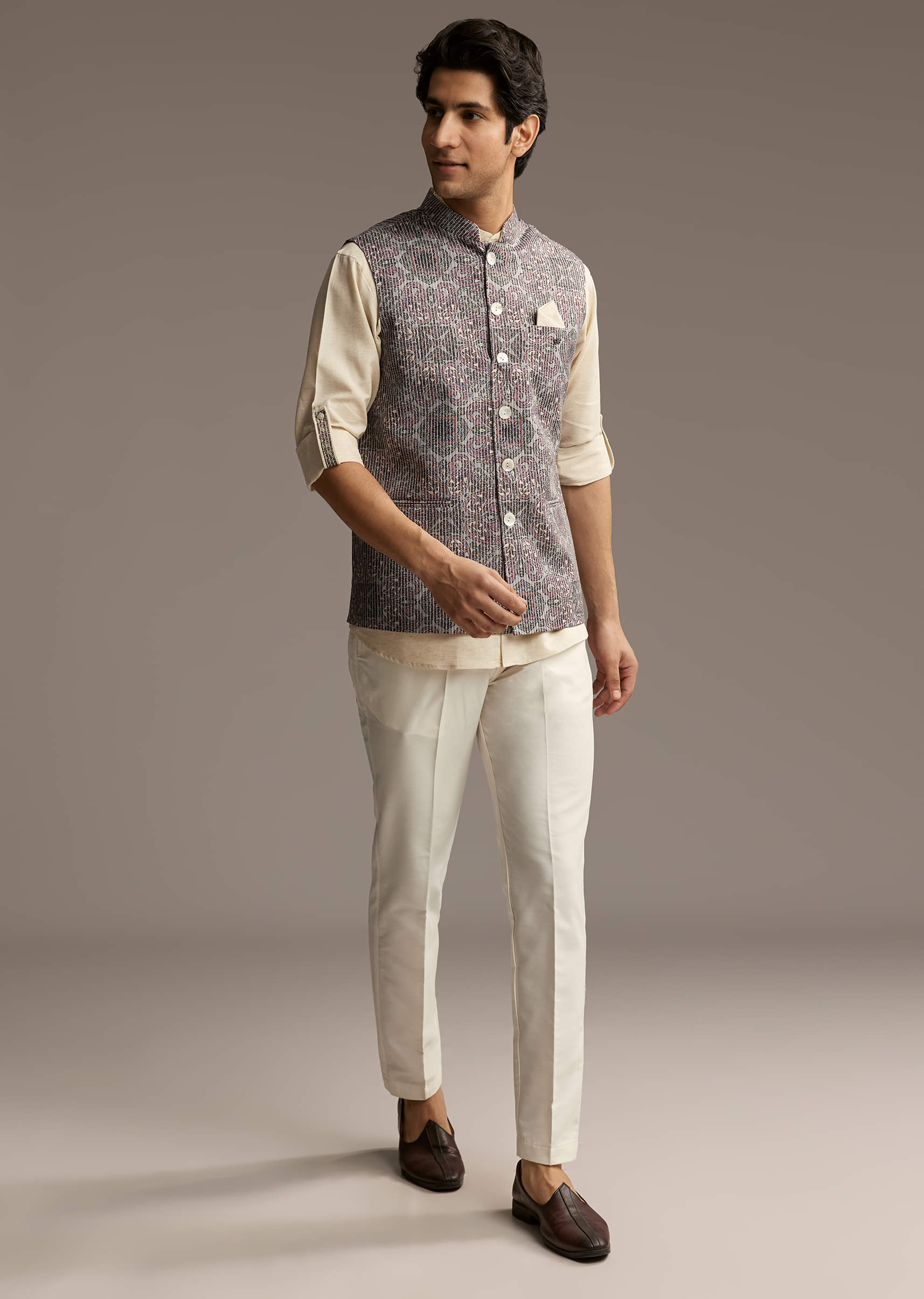 Brown Linen Kurta Jacket Set For Men With Kantha Embroidery - Image 8