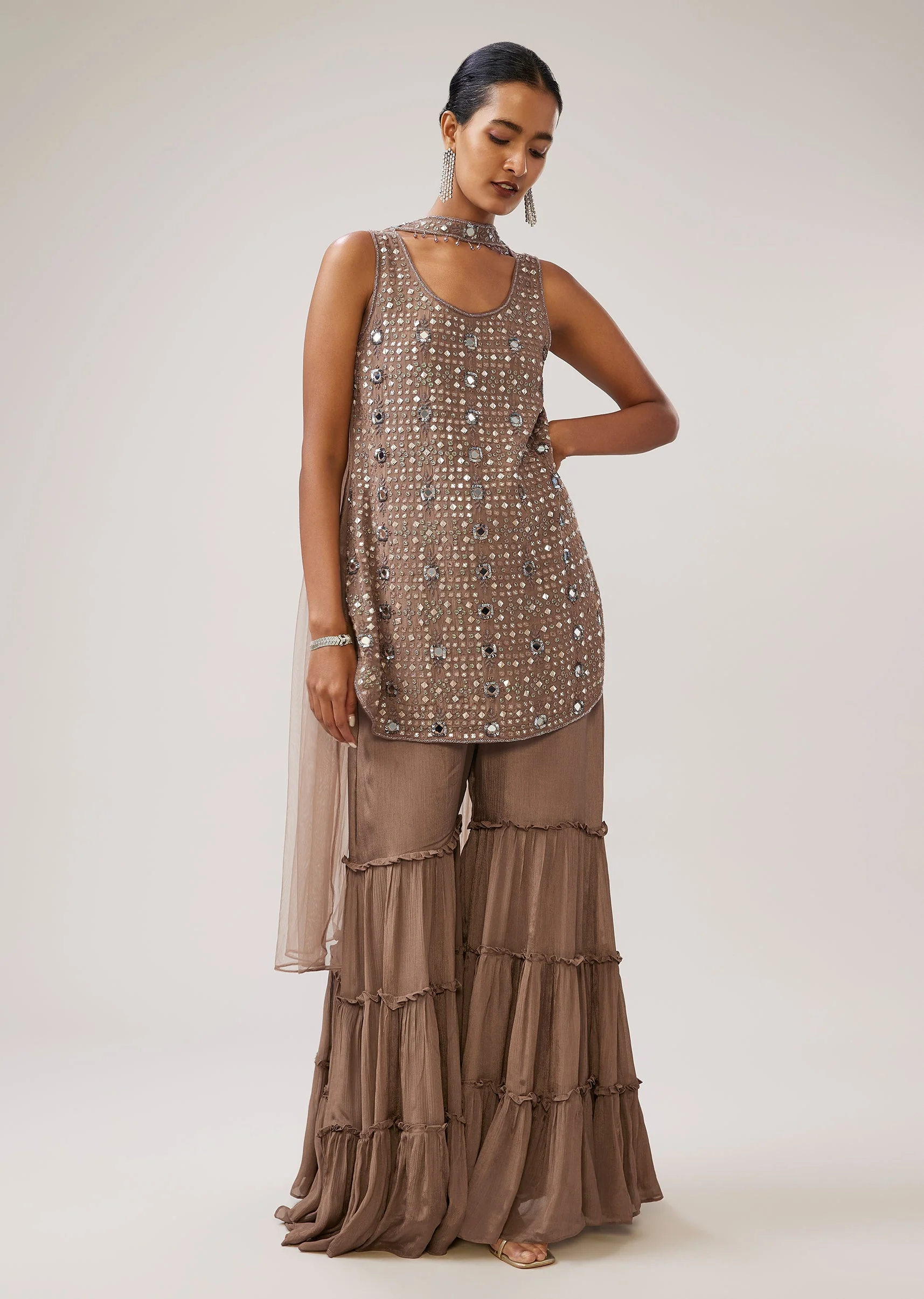 Brown Mirror Work Chinon Sharara Set With Dupatta