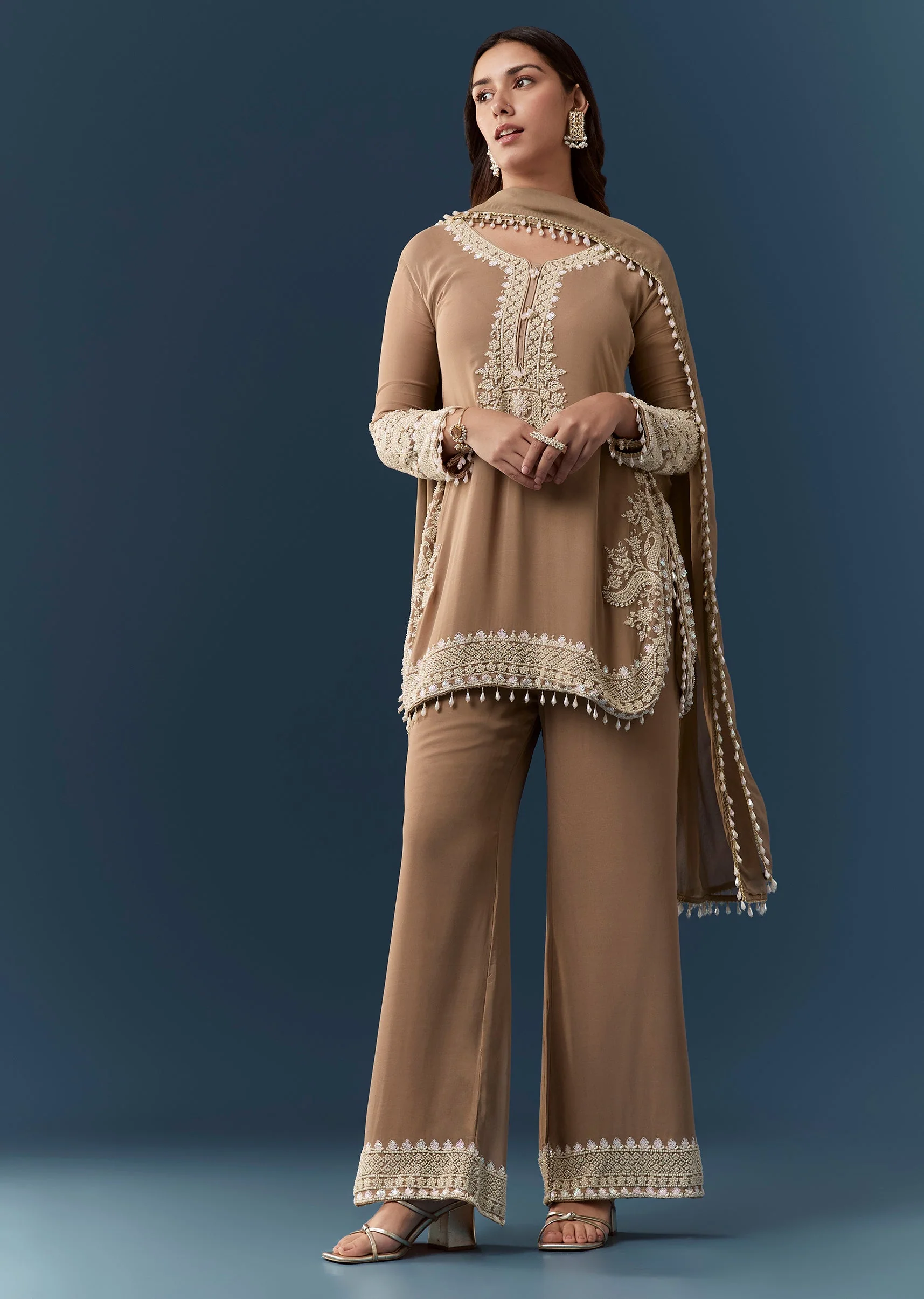 Brown Moti Embellished Kurta Set - Image 2