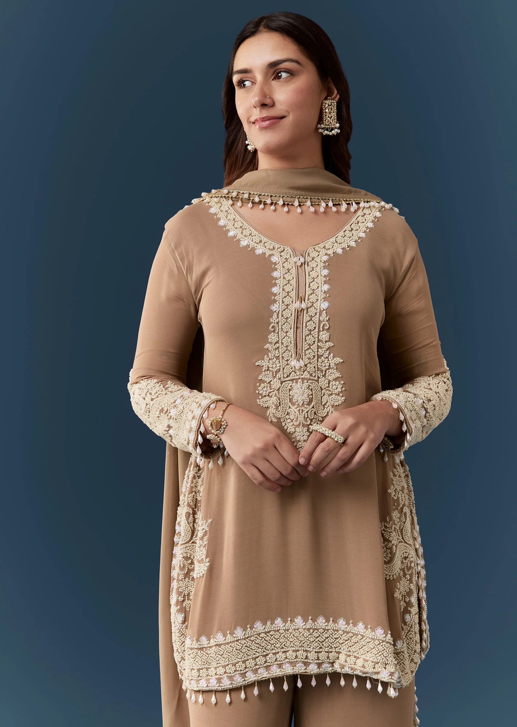 Brown Moti Embellished Kurta Set - Image 3