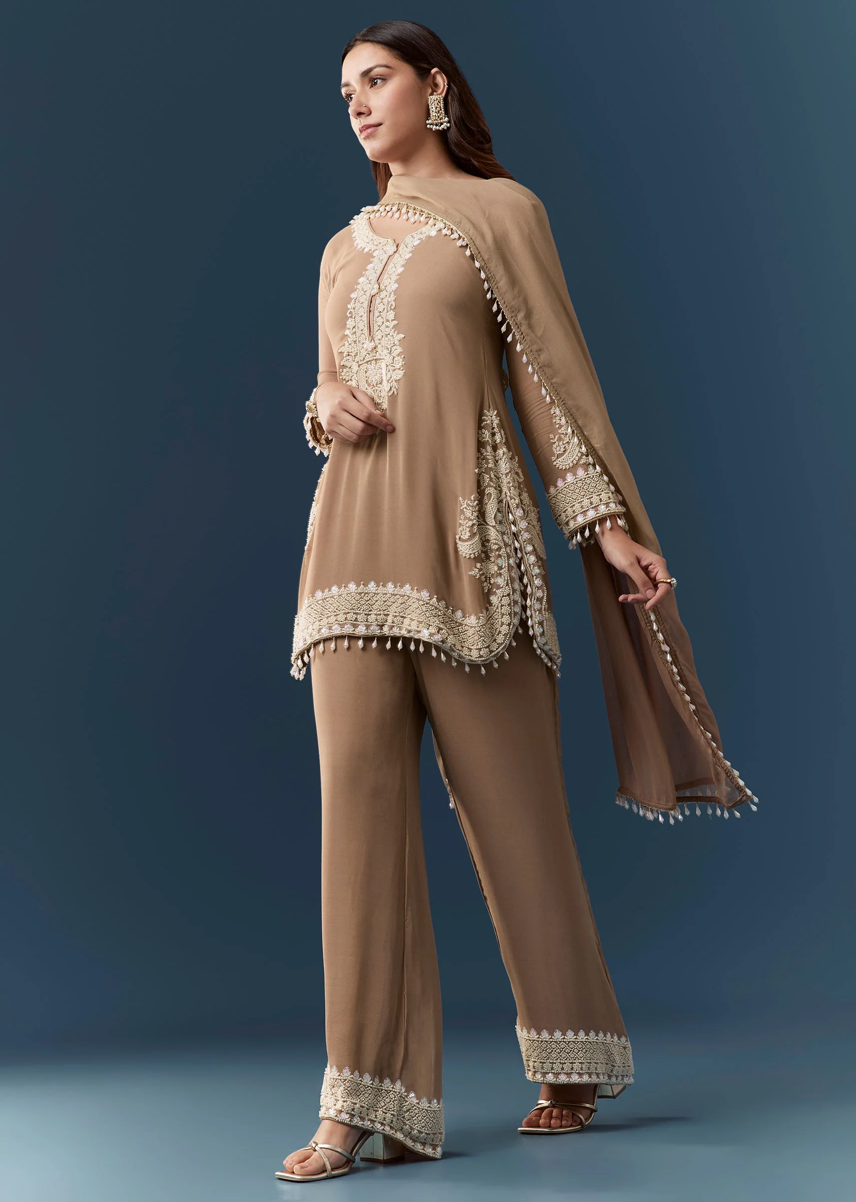 Brown Moti Embellished Kurta Set - Image 4