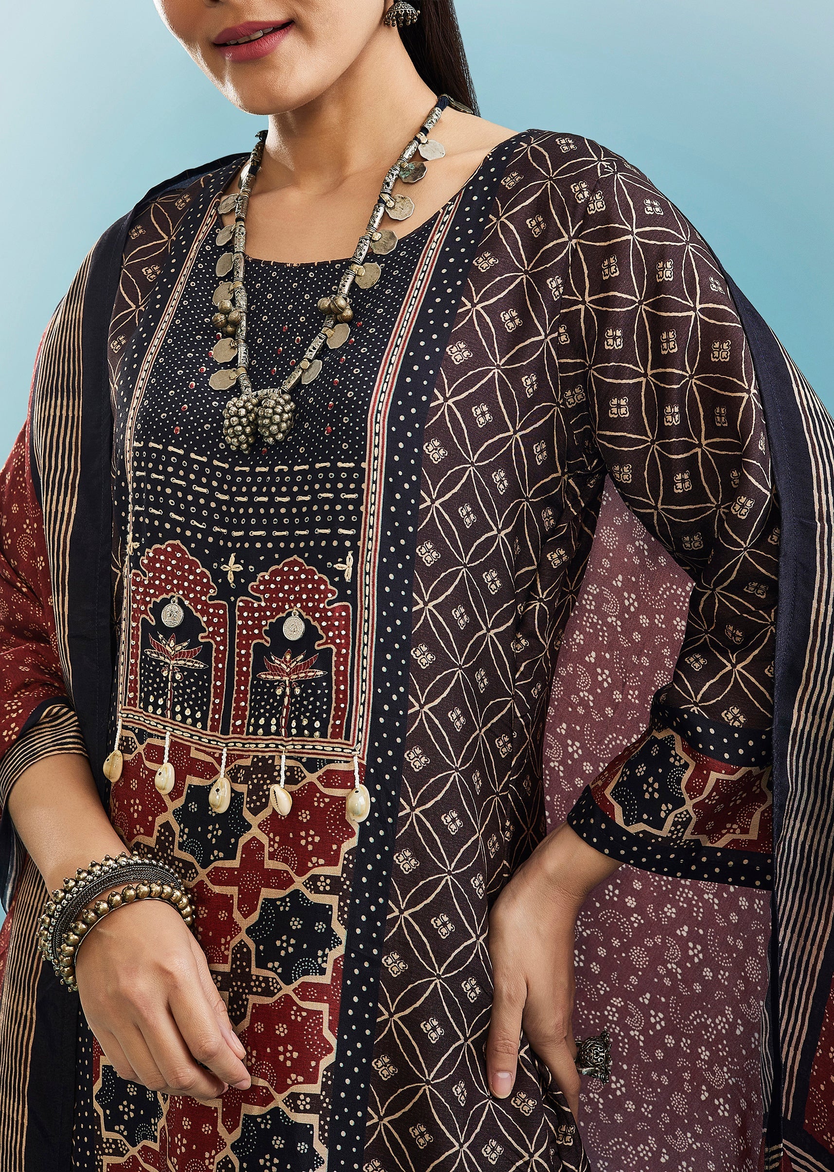 Brown Muslin Palazzo Set With Thread And Bead Work - Image 2