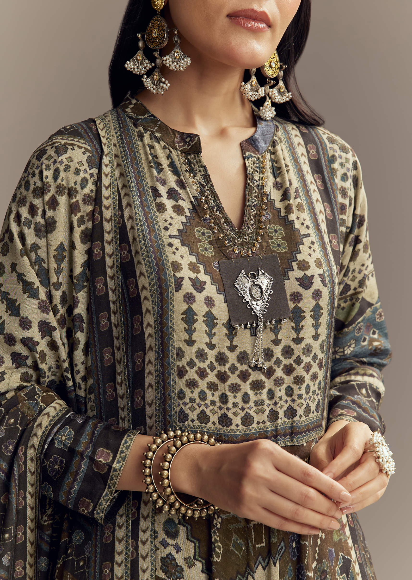 Brown Muslin Printed Anarkali Suit - Image 2