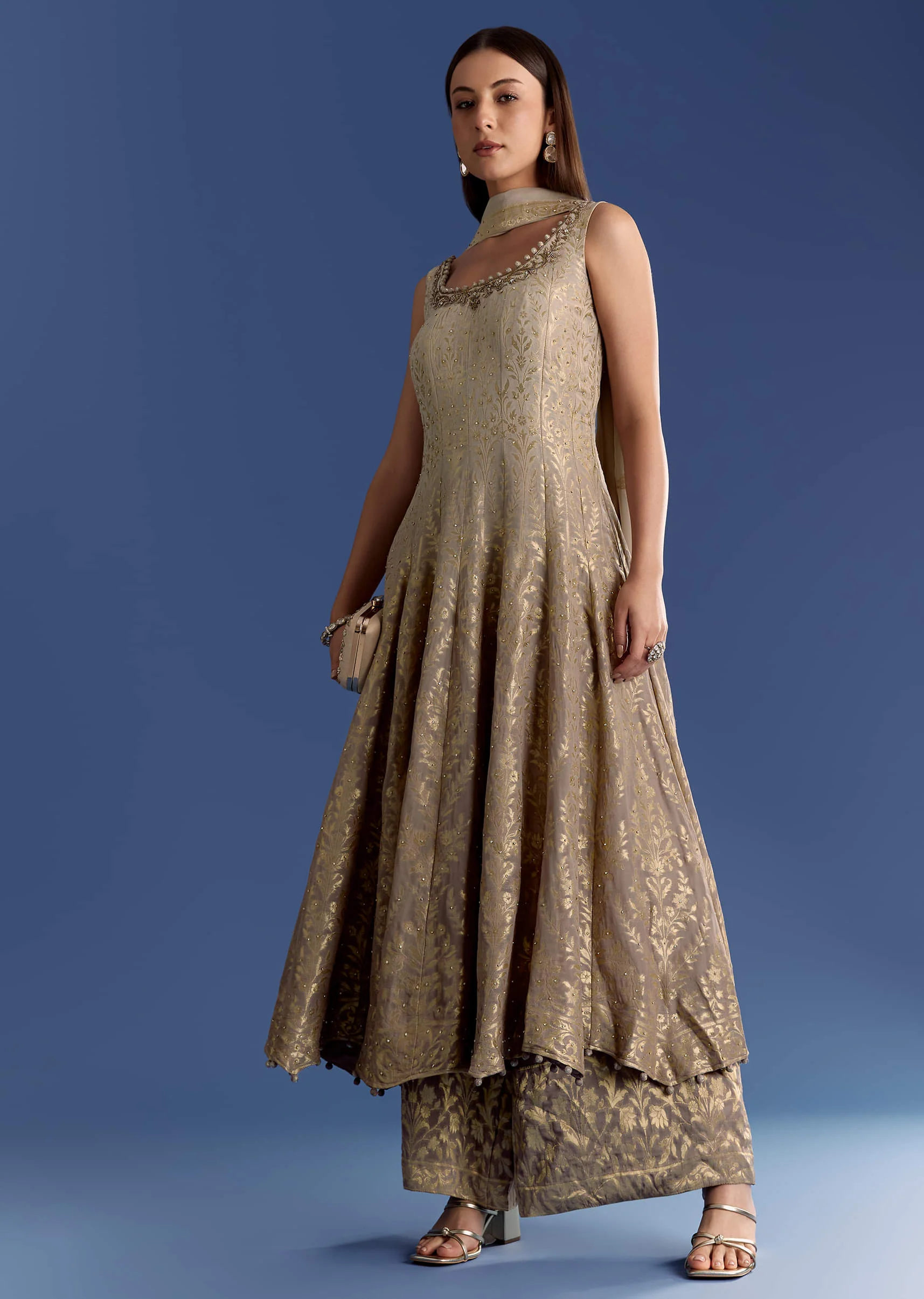 Brown Ombre Georgette Anarkali With Cutdana Neck And Zari Dupatta - Image 2