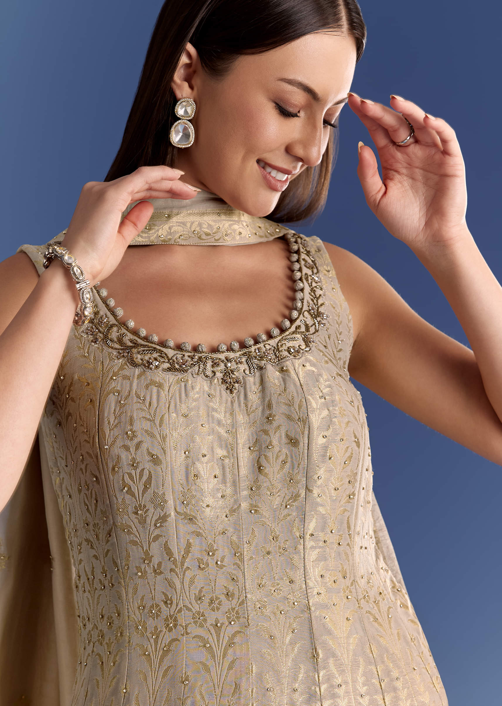 Brown Ombre Georgette Anarkali With Cutdana Neck And Zari Dupatta - Image 3