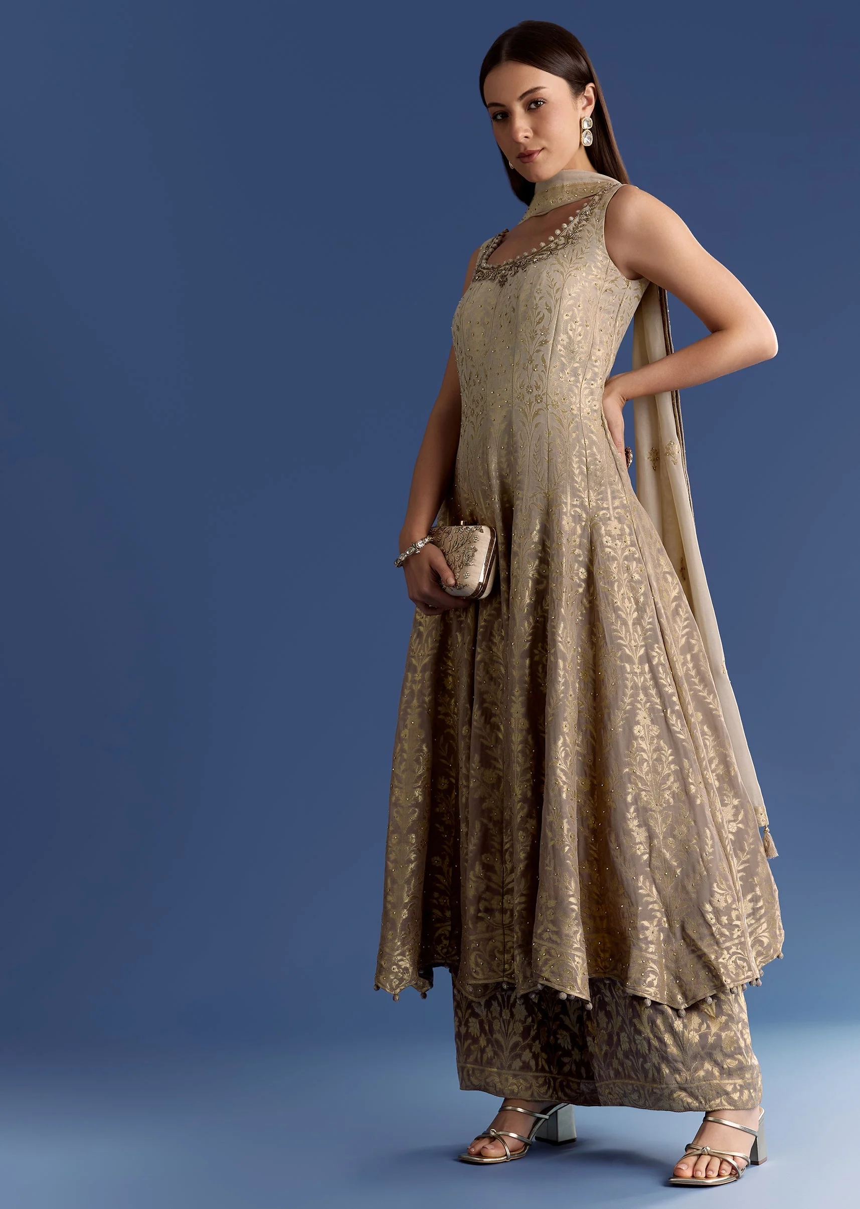 Brown Ombre Georgette Anarkali With Cutdana Neck And Zari Dupatta - Image 4