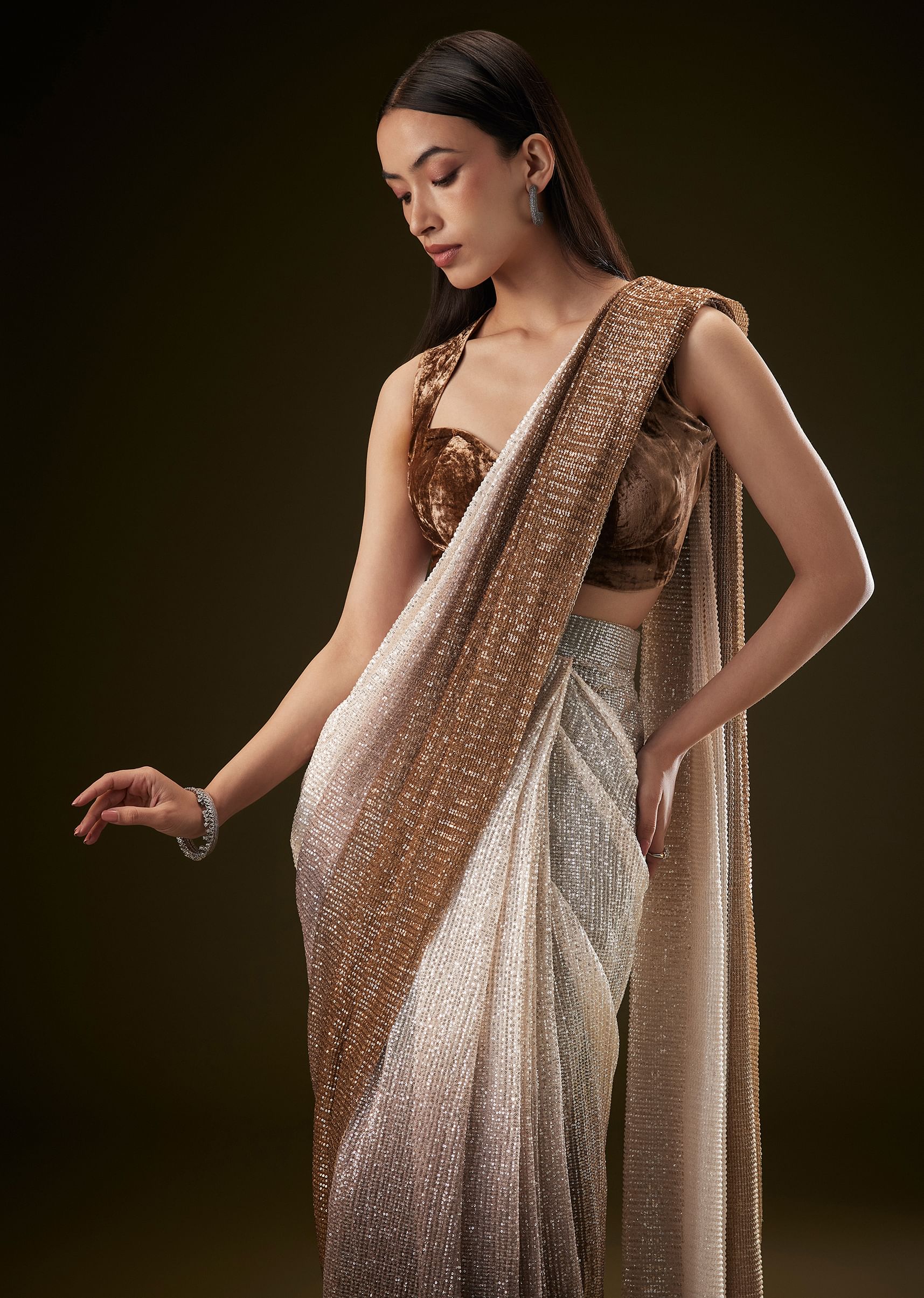 Brown Ombre Sequence Ready To Wear Saree With Velvet Blouse - Image 2