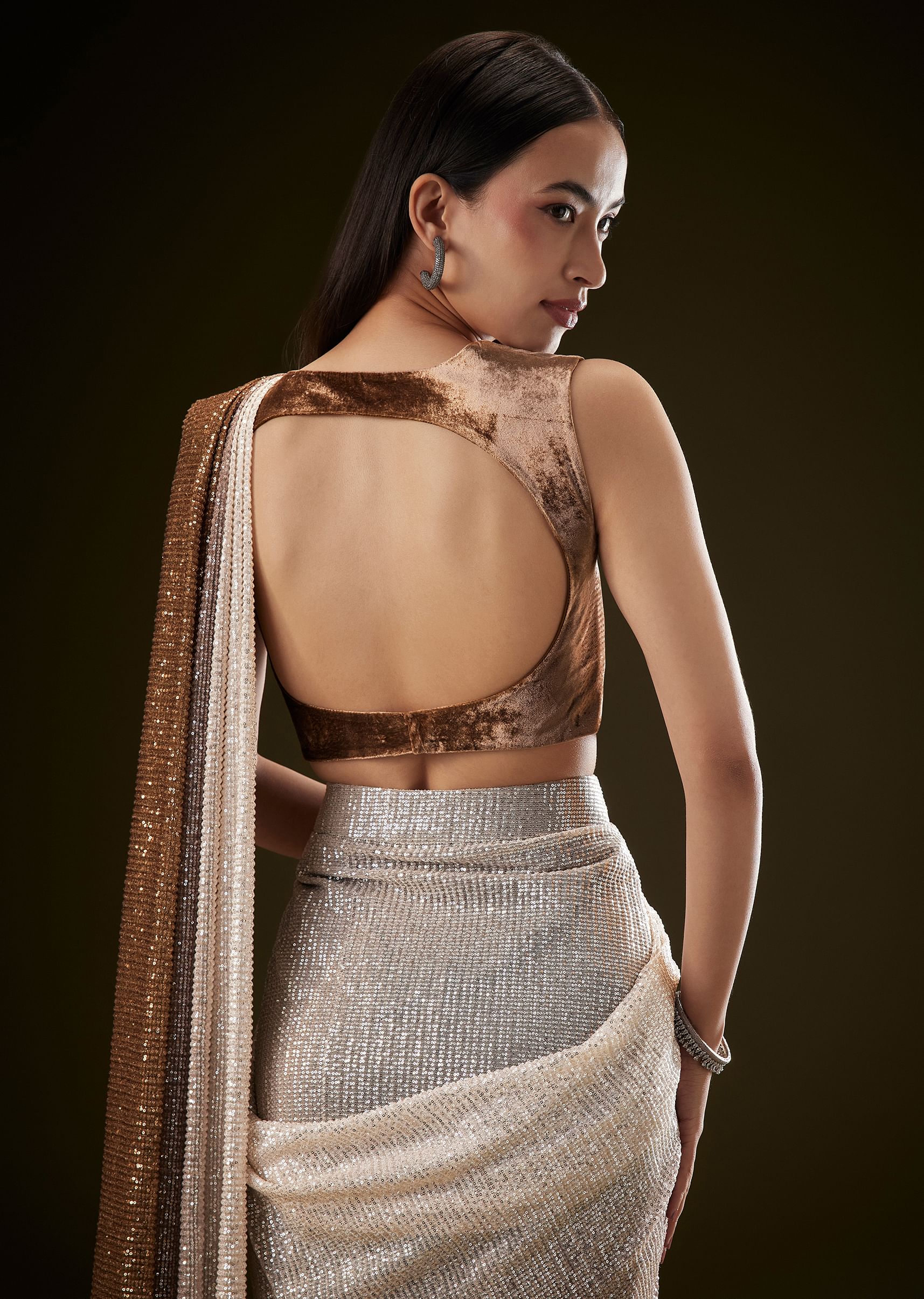 Brown Ombre Sequence Ready To Wear Saree With Velvet Blouse - Image 4