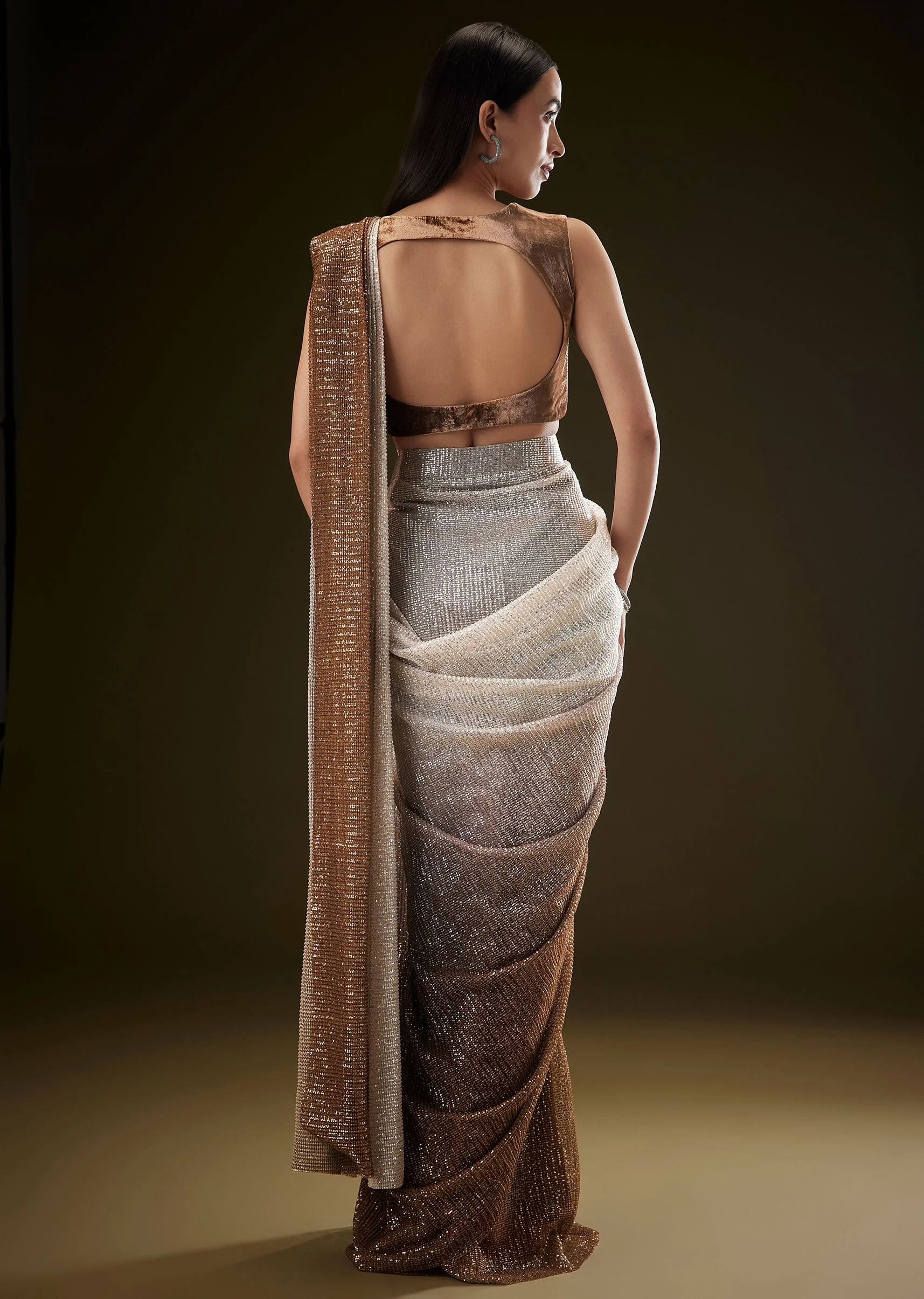 Brown Ombre Sequence Ready To Wear Saree With Velvet Blouse - Image 6