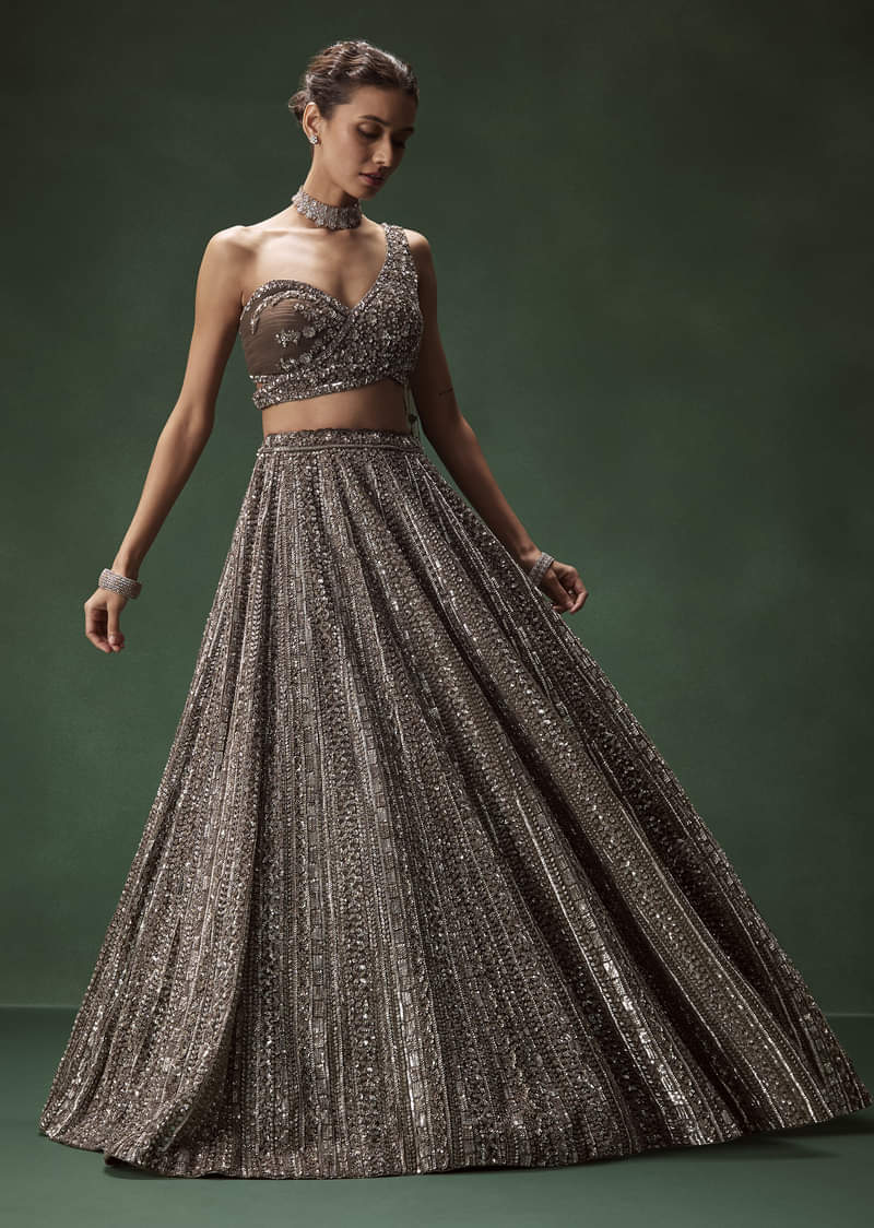 Brown One Shoulder Bridal Lehenga Set With All Over Sequins - Image 4