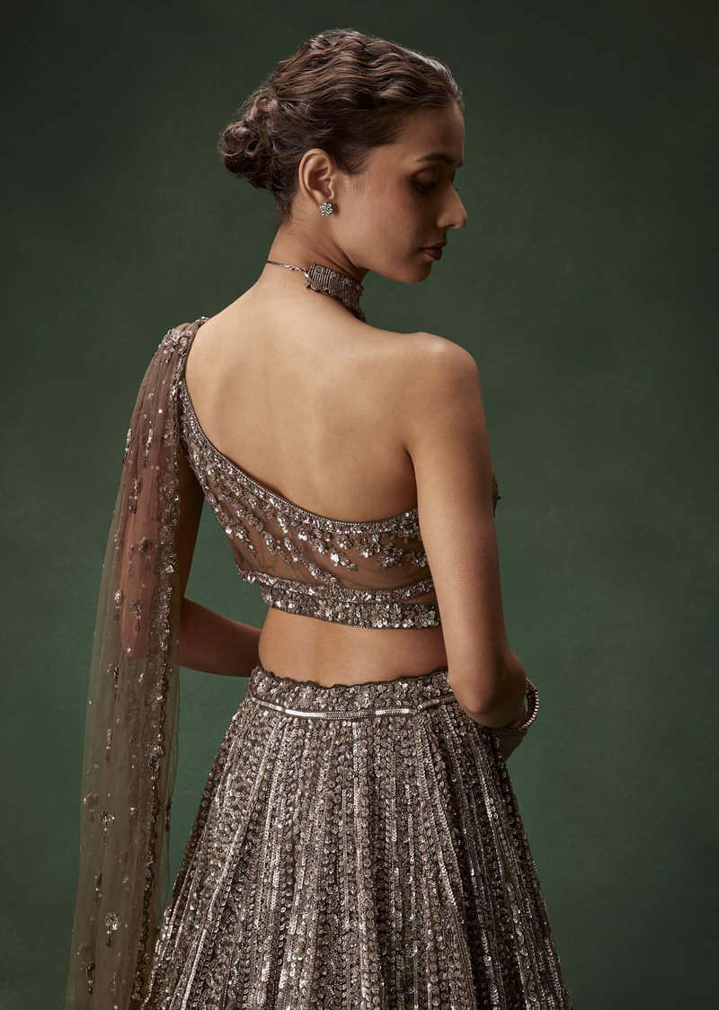 Brown One Shoulder Bridal Lehenga Set With All Over Sequins - Image 6