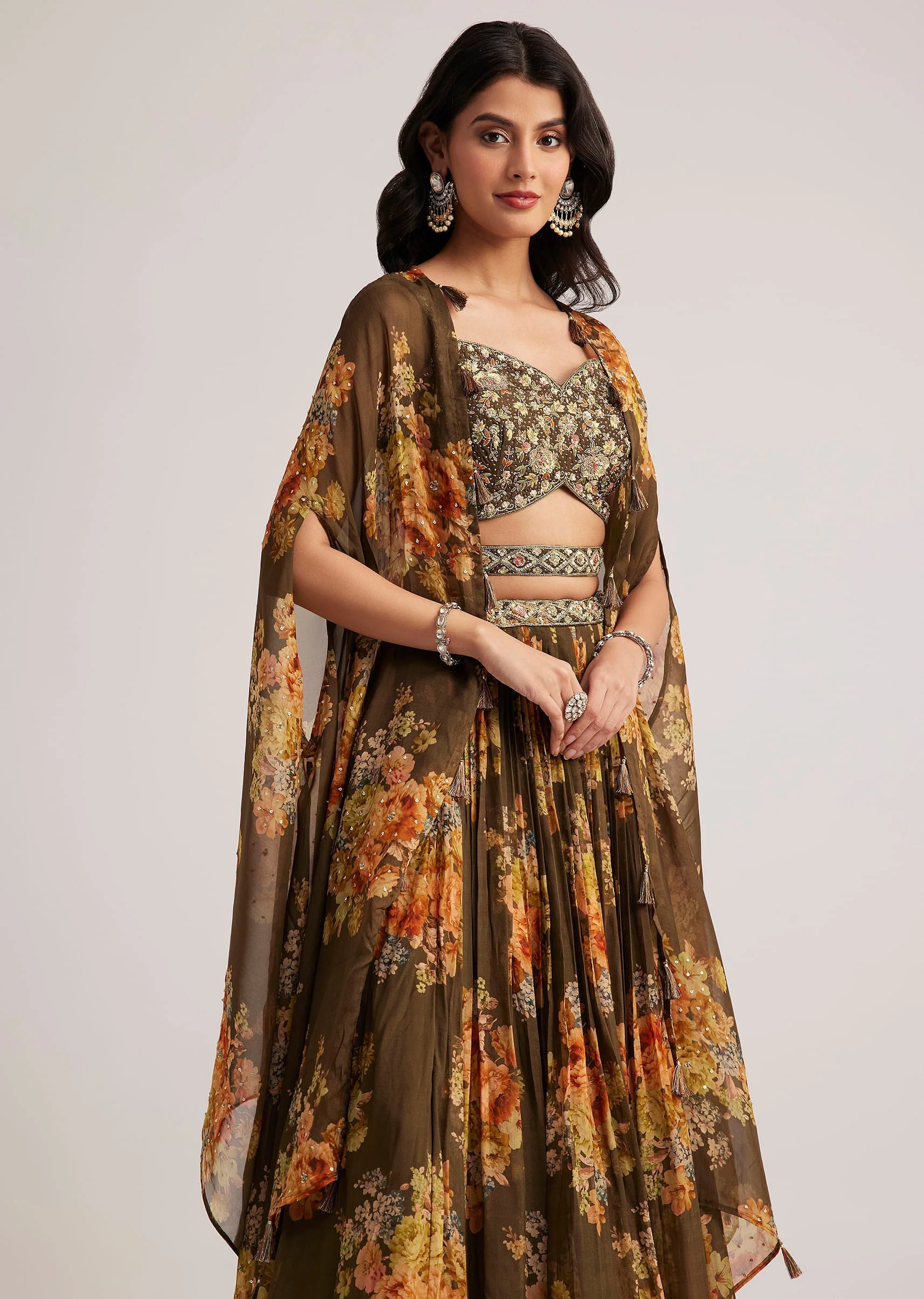 Brown Organza Floral Print Set With Zardosi And Sequins Work - Image 2