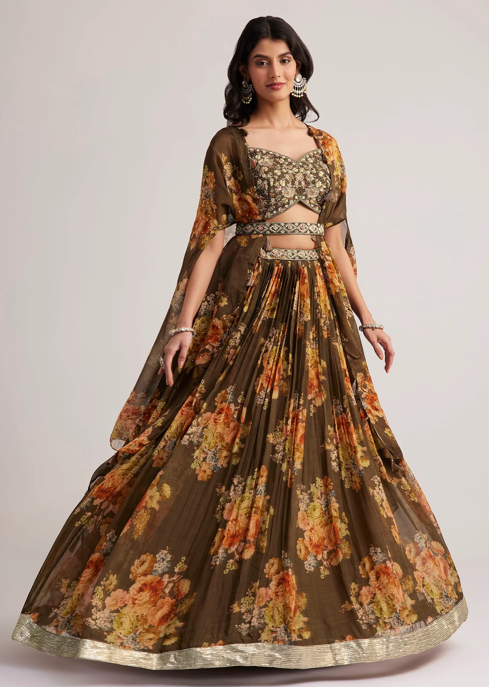 Brown Organza Floral Print Set With Zardosi And Sequins Work - Image 3