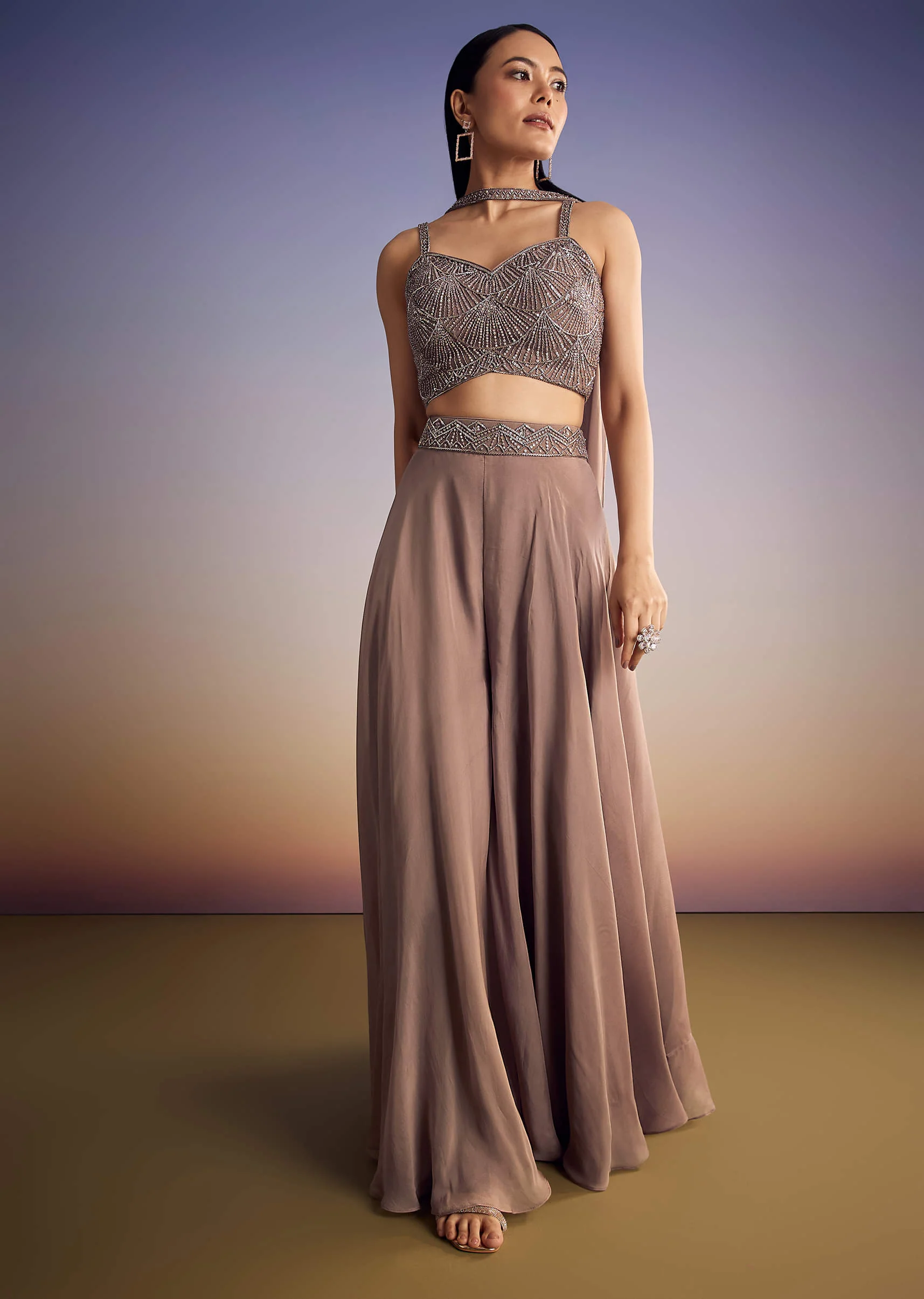 Brown Organza Palazzo Set With Cutdana And Sequins Dupatta - Image 3