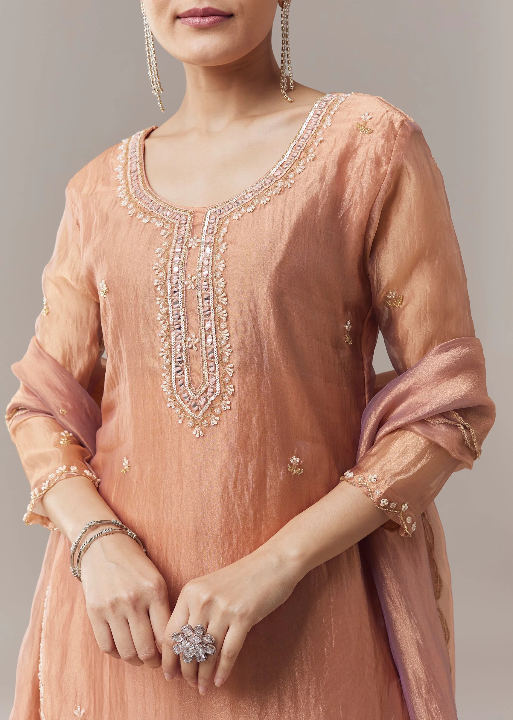 Brown Pakistani Style Palazzo Suit With Pastel Embroidery And Dupatta - Image 2