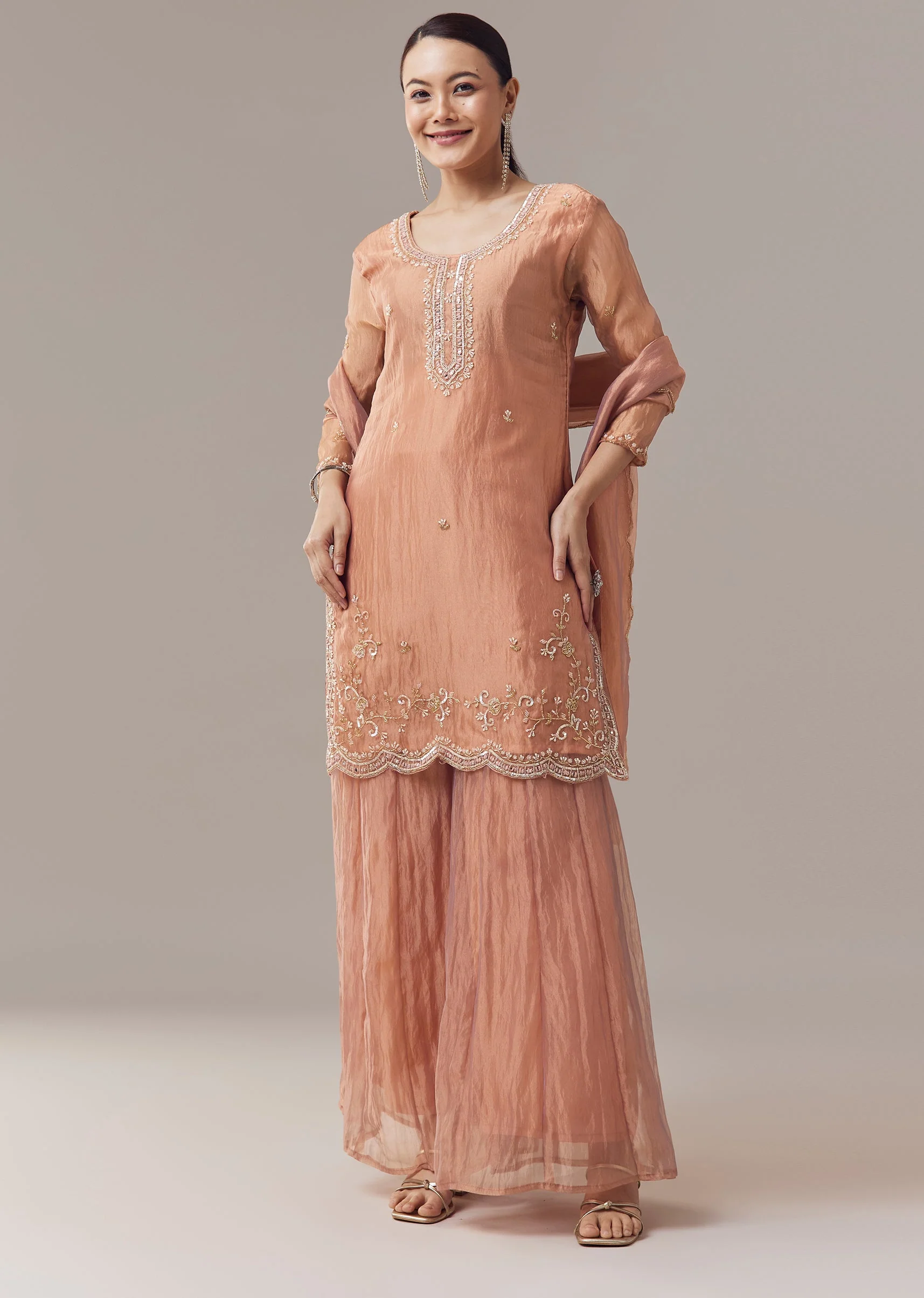 Brown Pakistani Style Palazzo Suit With Pastel Embroidery And Dupatta - Image 3