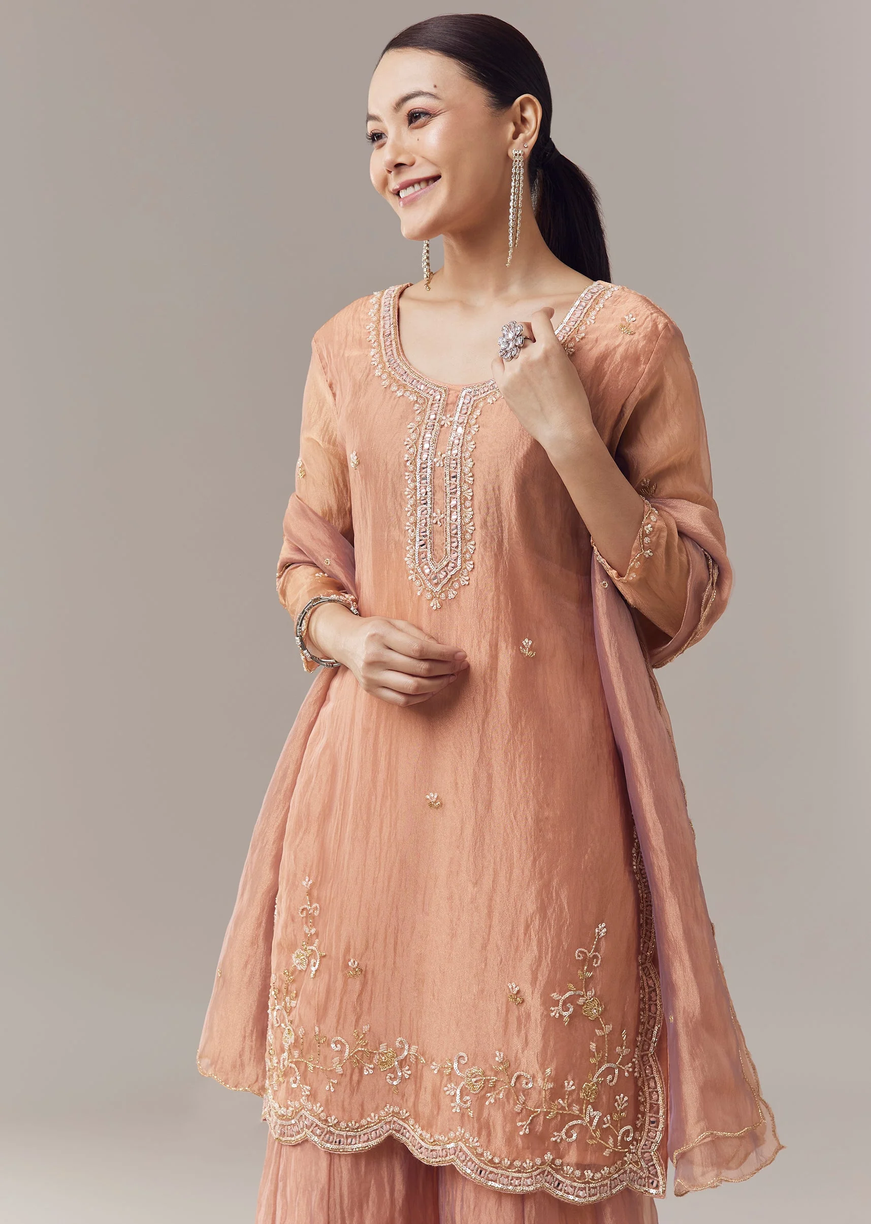 Brown Pakistani Style Palazzo Suit With Pastel Embroidery And Dupatta - Image 4