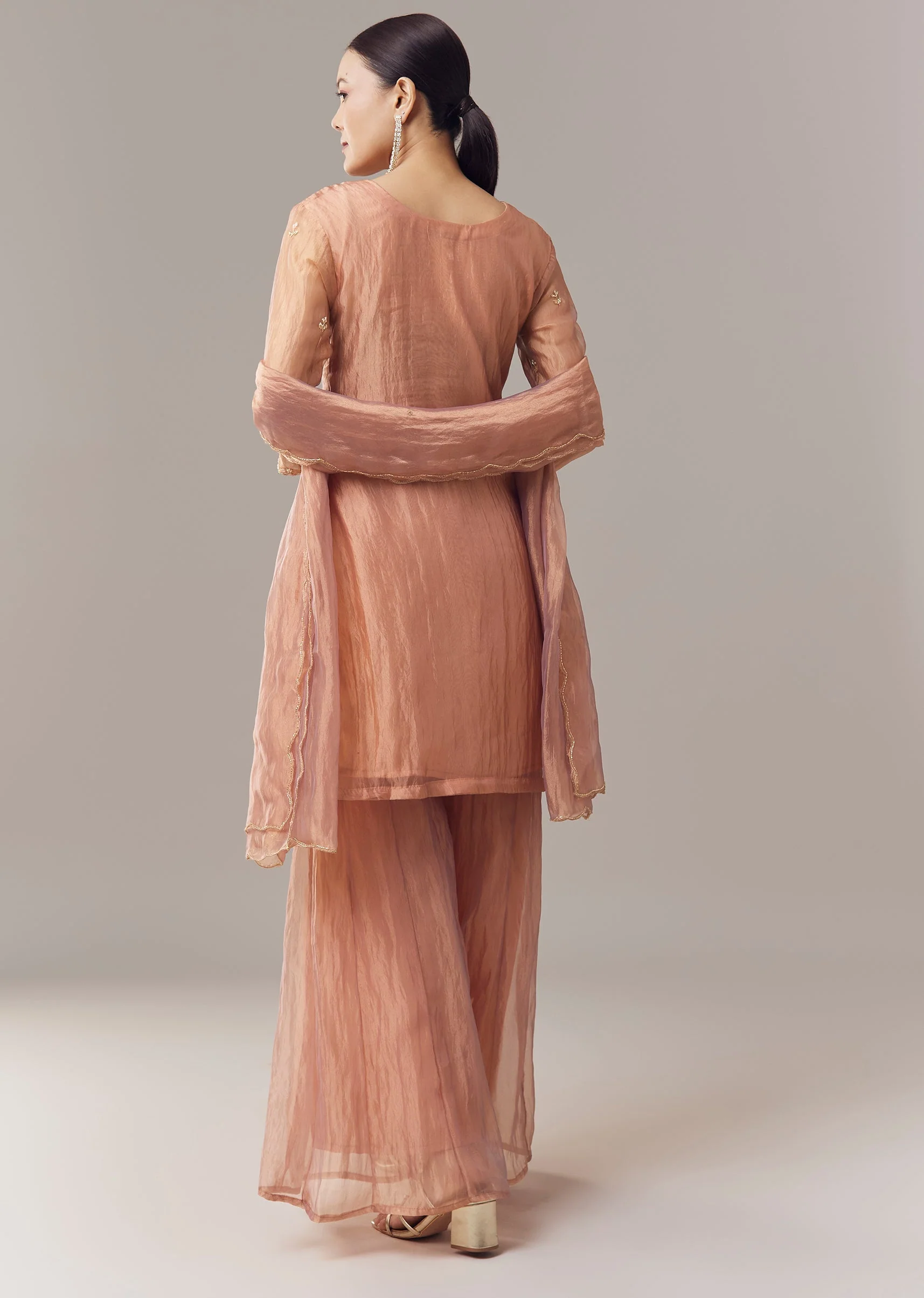 Brown Pakistani Style Palazzo Suit With Pastel Embroidery And Dupatta - Image 5