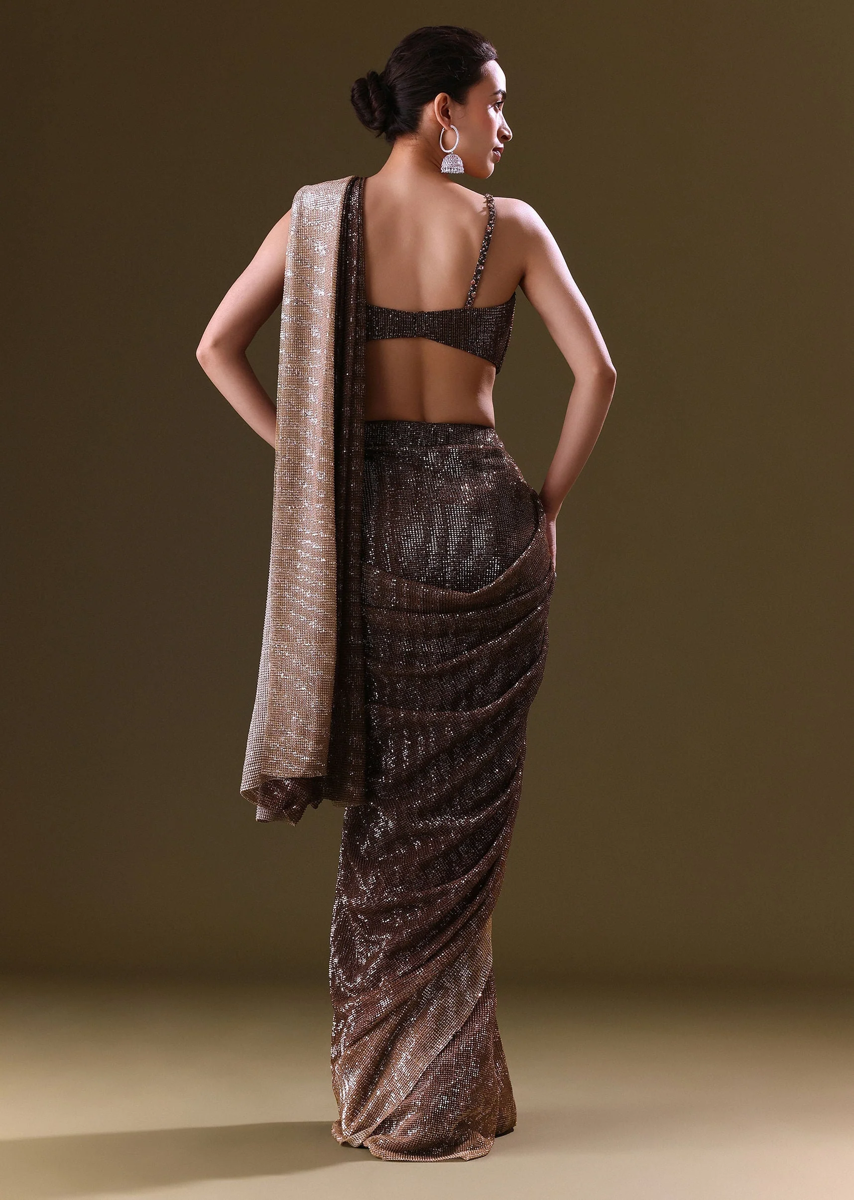 Brown Pre Stitched Saree With Cowl Blouse - Image 4