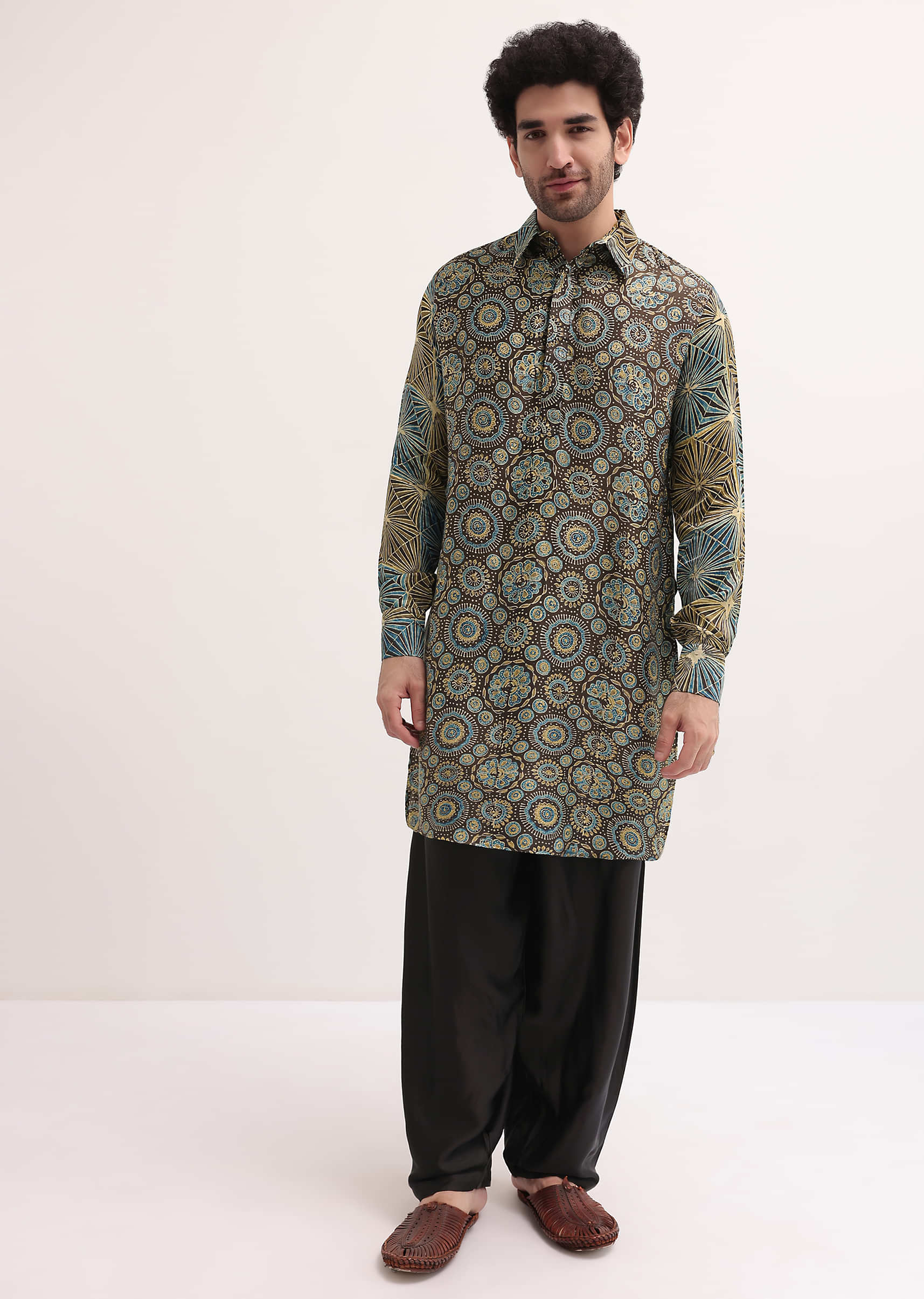 Brown Printed Kurta Patiala Set For Men - Image 3