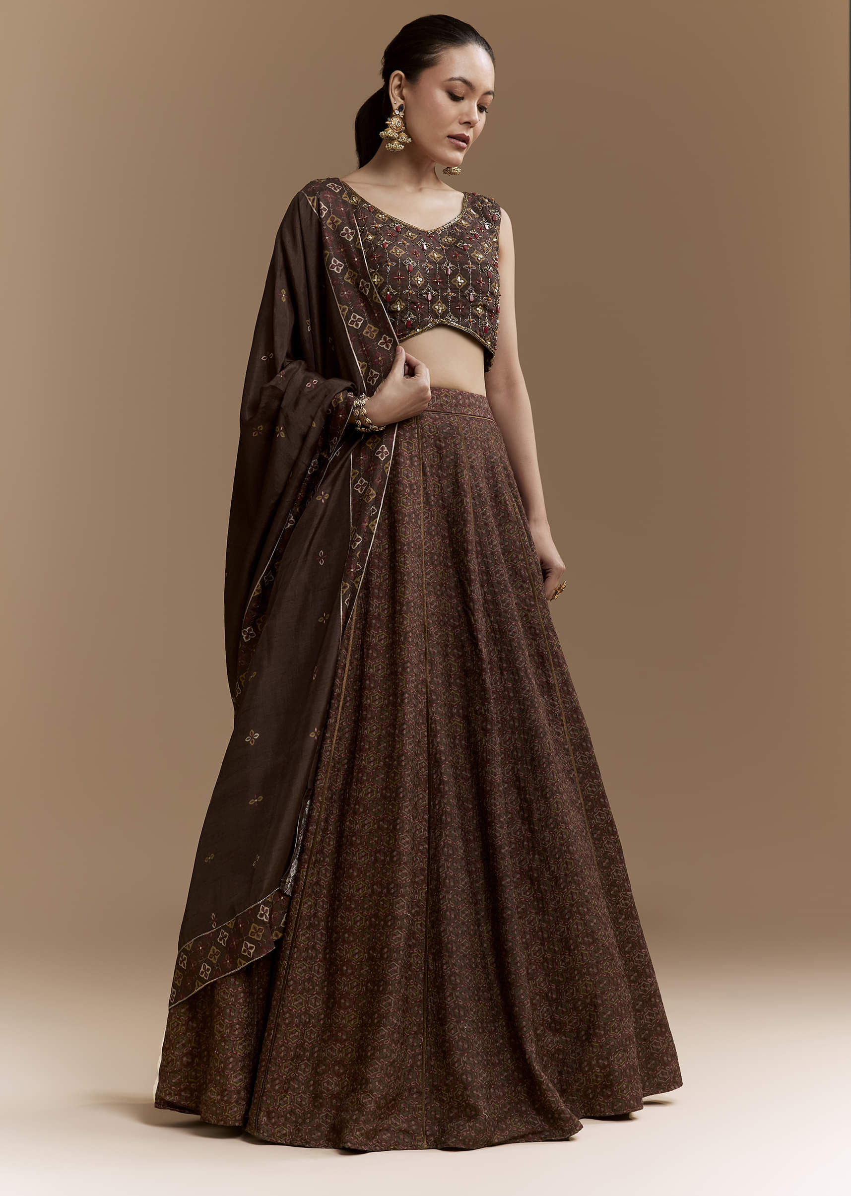 Brown Printed Silk Bridesmaid Lehenga Set with Dupatta
