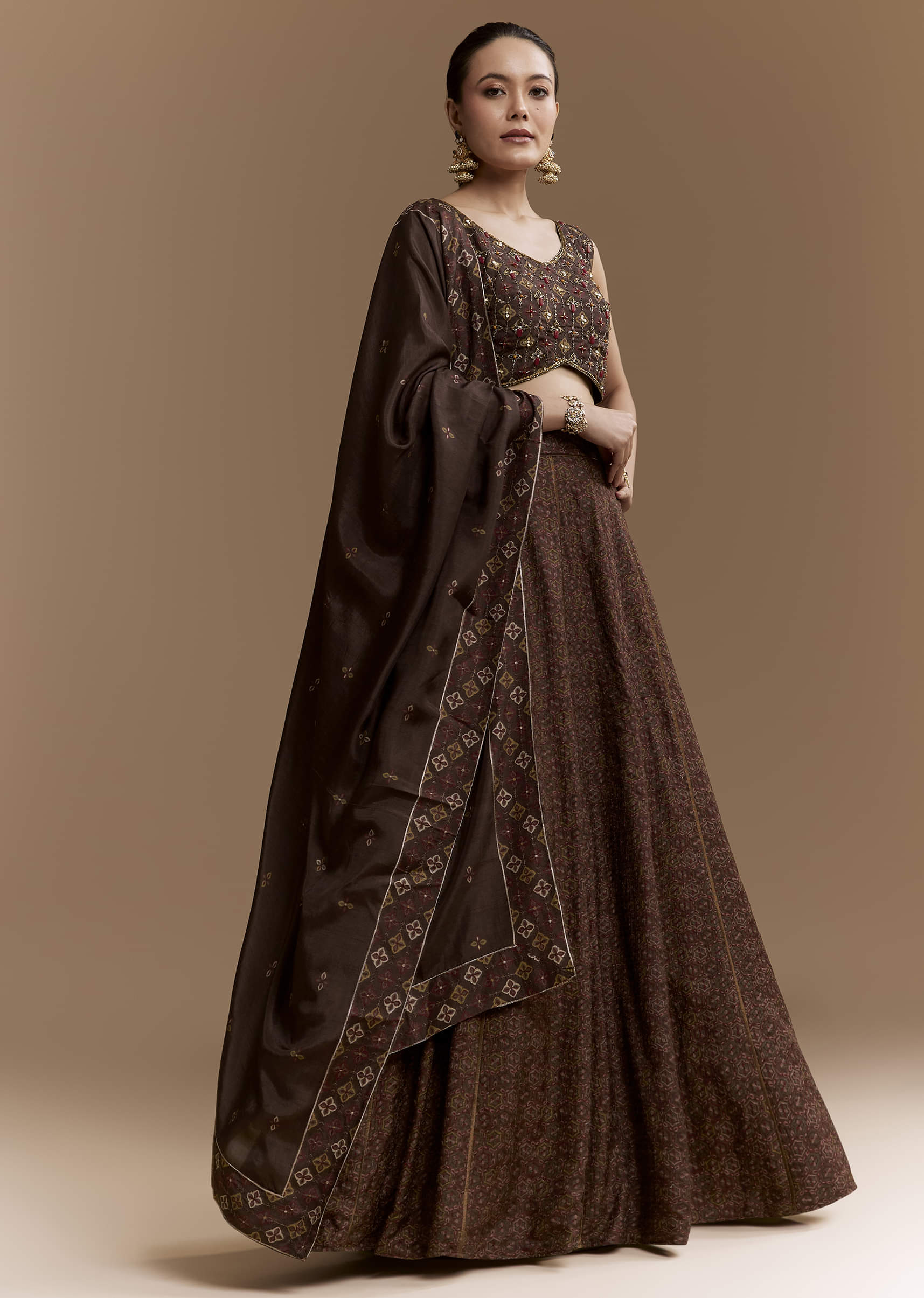 Brown Printed Silk Bridesmaid Lehenga Set with Dupatta - Image 4