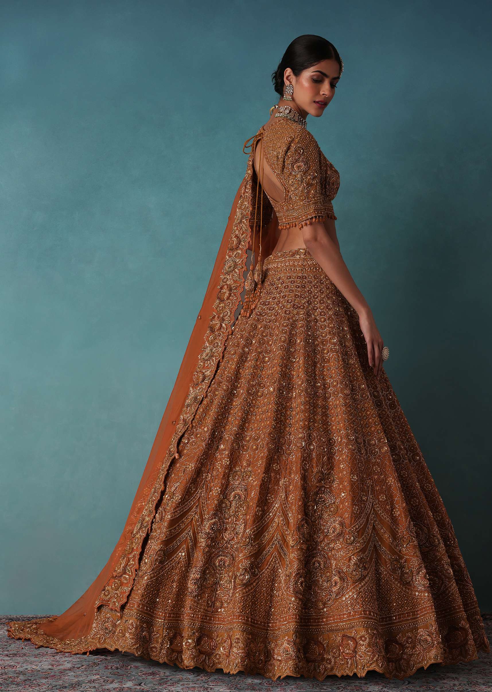 Brown Raw Silk Bridal Lehenga Set With Hand Embroidery - Image 4