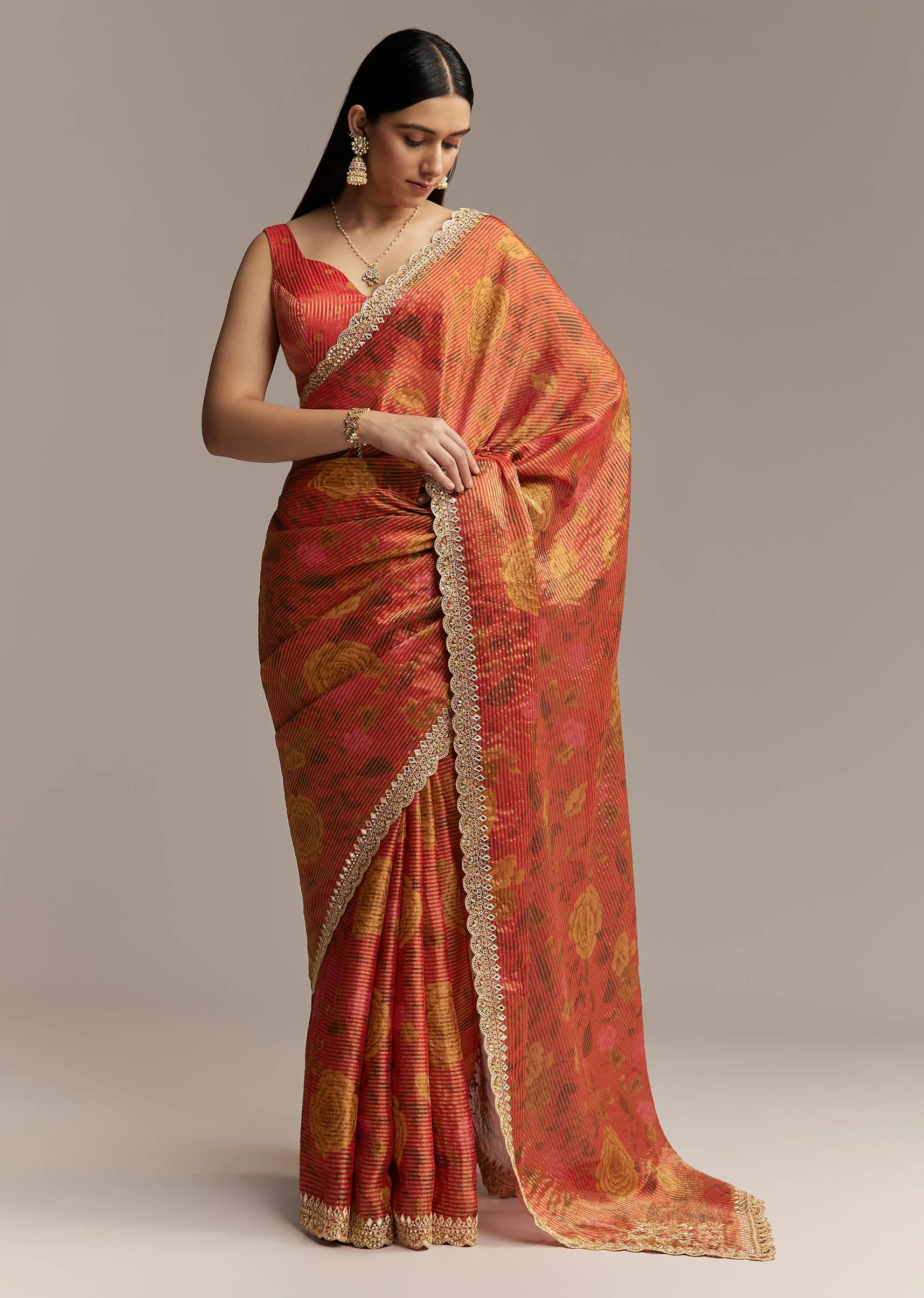 Brown Red Tissue Saree With Mirror And Zari Work - Image 3